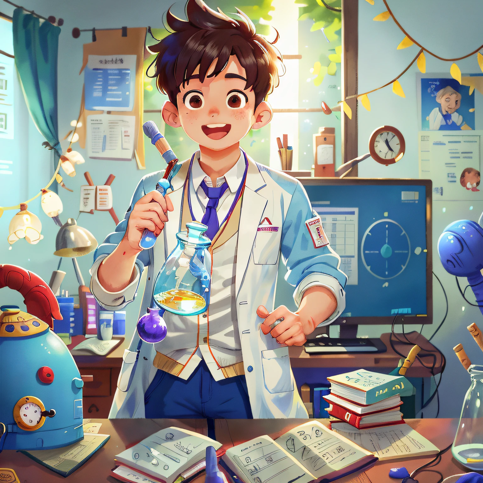 wearing a lab coat、A young man、The scholar、lab room、perfectquality、Clear focus (Clutter-Home:0.8)、(masterpiece:1.2) (realisitic:1.2) (bokeh dof) (top-quality) (detailed skins:1.3) (intricate-detail) (8K) (Eye of Detail) (foco nítido), (Happiness)