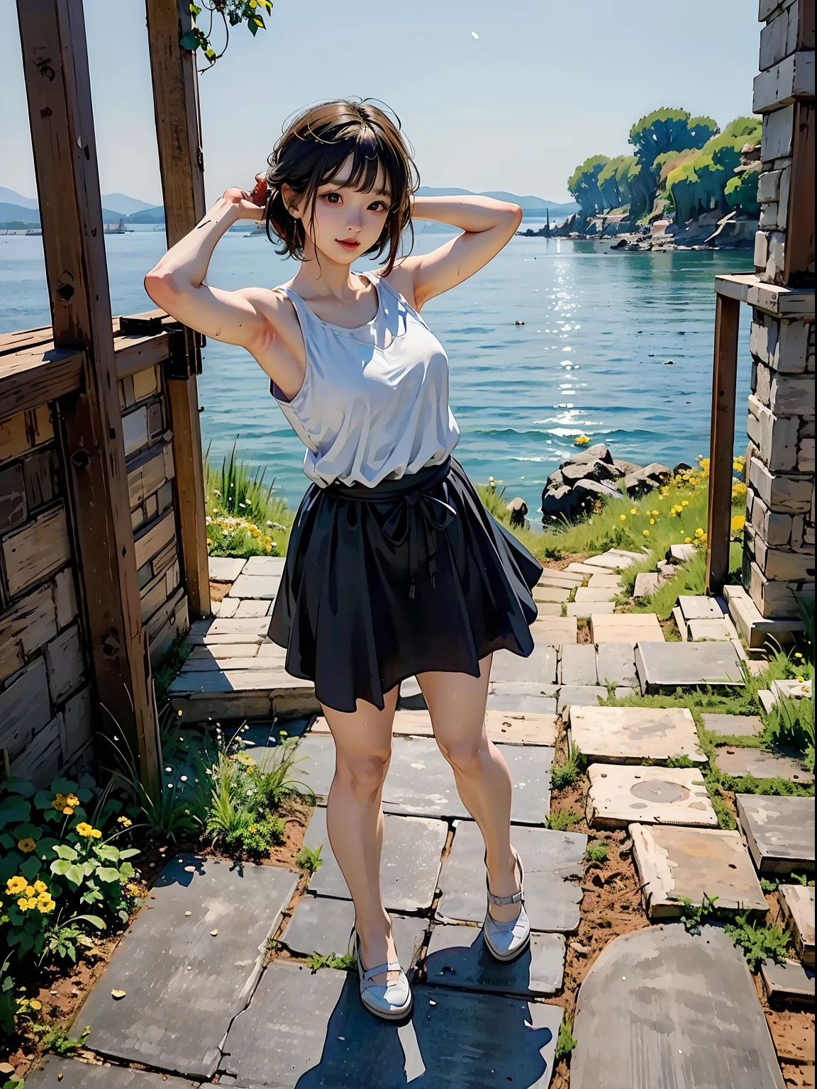（（（in 8K. ＨＤＲ.Hyper-Realism、Masterpiece 1.4、gothic styles、Fantasy Art、retro-futuristic、Cinematic、Detailed details、Live Photo 1.4, Best quality1.4、 Ultra Detailed 1.4、​masterpiece:1.4、Insanely detailed、Perfect Shading、Low Angle Full Body Shot 1.4、One photo、Commercial Photography 1.4、Solo Photography、Sony alpha、50mm Lens、）））、（Old Town with sea view、Riding a bike、Hair fluttering in the wind）（（（Tank Tops、skirt by the）））、（（（Japan Female, 18year old、Small face 1.4、、Blunt bangs、a short bob、bobhair、A dark-haired、Five Fingers、full body picture 1.4）））、（small tits、Muscular arms and legs、Plump waist circumference、Detailed skin with blood vessels showing through、Beautiful skin shining with sweat、Detailed skin with visible pores、Realistic, Detailed skin of downy hair、Real and Detailed Skin、extremely detailed and beautiful face、Beautiful well-proportioned face、Very pretty face、Darkened armpits、Detailed skin）