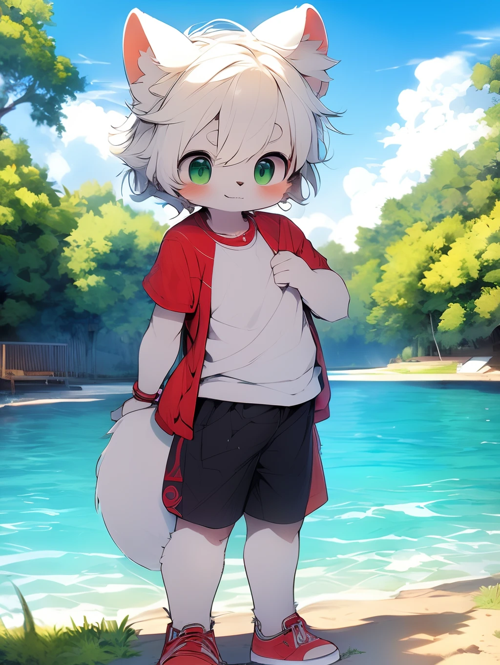 (By Dagasi: 1.1),not any dressed, masutepiece, High resolution, 8K, Detailed background, High quality,  ((White fur, White hair, Ears lowered, Green eye, Fluffy, detailed fur)) furr, Break HA, Man's, Humanoid, Shorts, swimming trunks,kawaii,Red collar,Background with:the woods