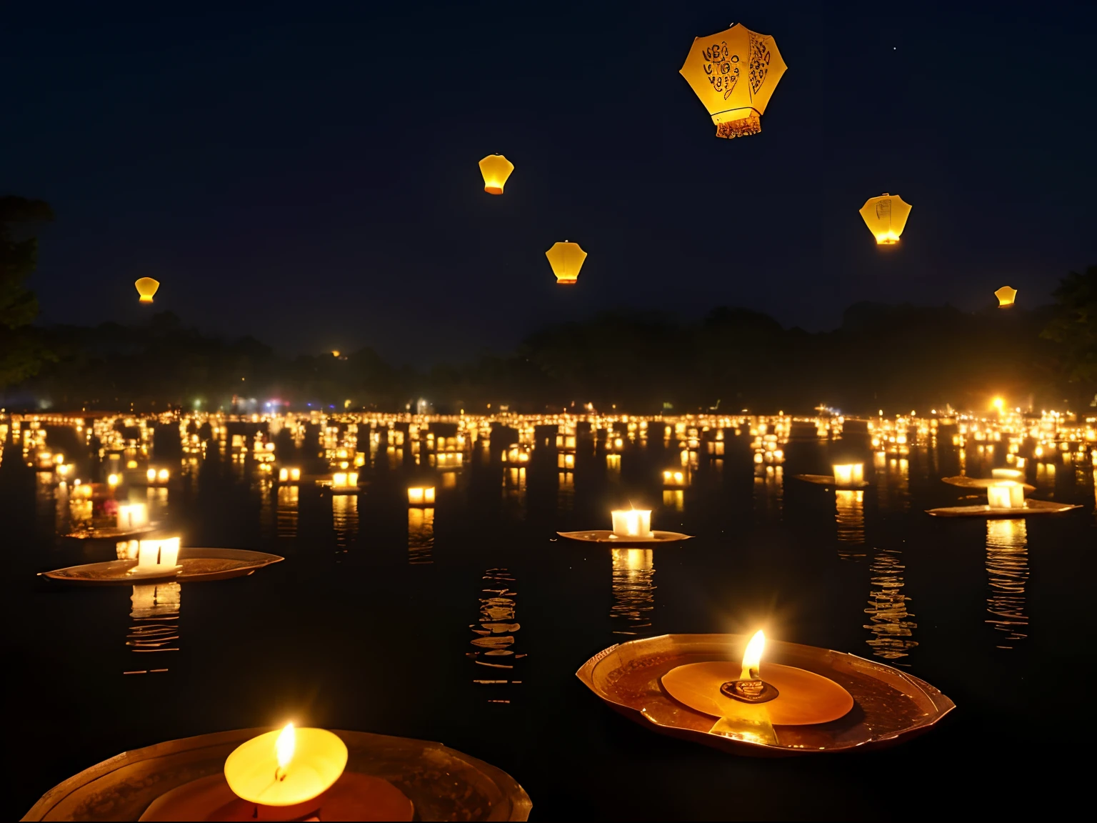 high quality, 8K Ultra HD, myanmar tazaungdaing festival, water floating candle lanterns in the rivers, flying lanterns in the sky, nature, hyper realistic, full moon, candles, high detailed