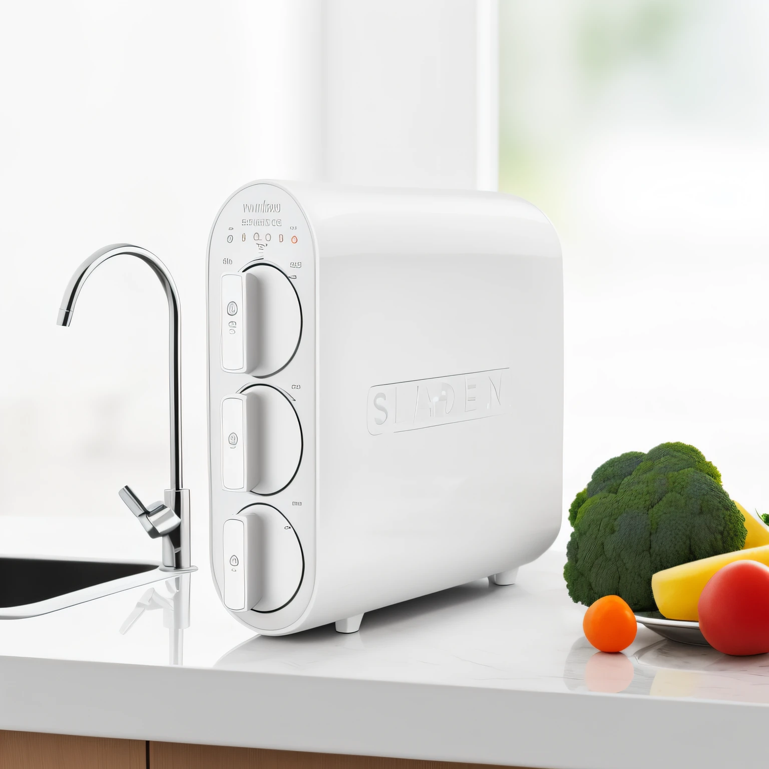 There was a white toaster on the counter,Vegetables are placed on top, vivd details, an award winning masterpiece, professional product photo, SleekDesign, Clear detail, product introduction photos, bright light masterpiece, Vivid and balanced, sleek streamlined design, crisp smooth lines, Incredible quality, brilliant detail, unbeatable quality, highly detailed product photo, product design shot, clean and pristine design