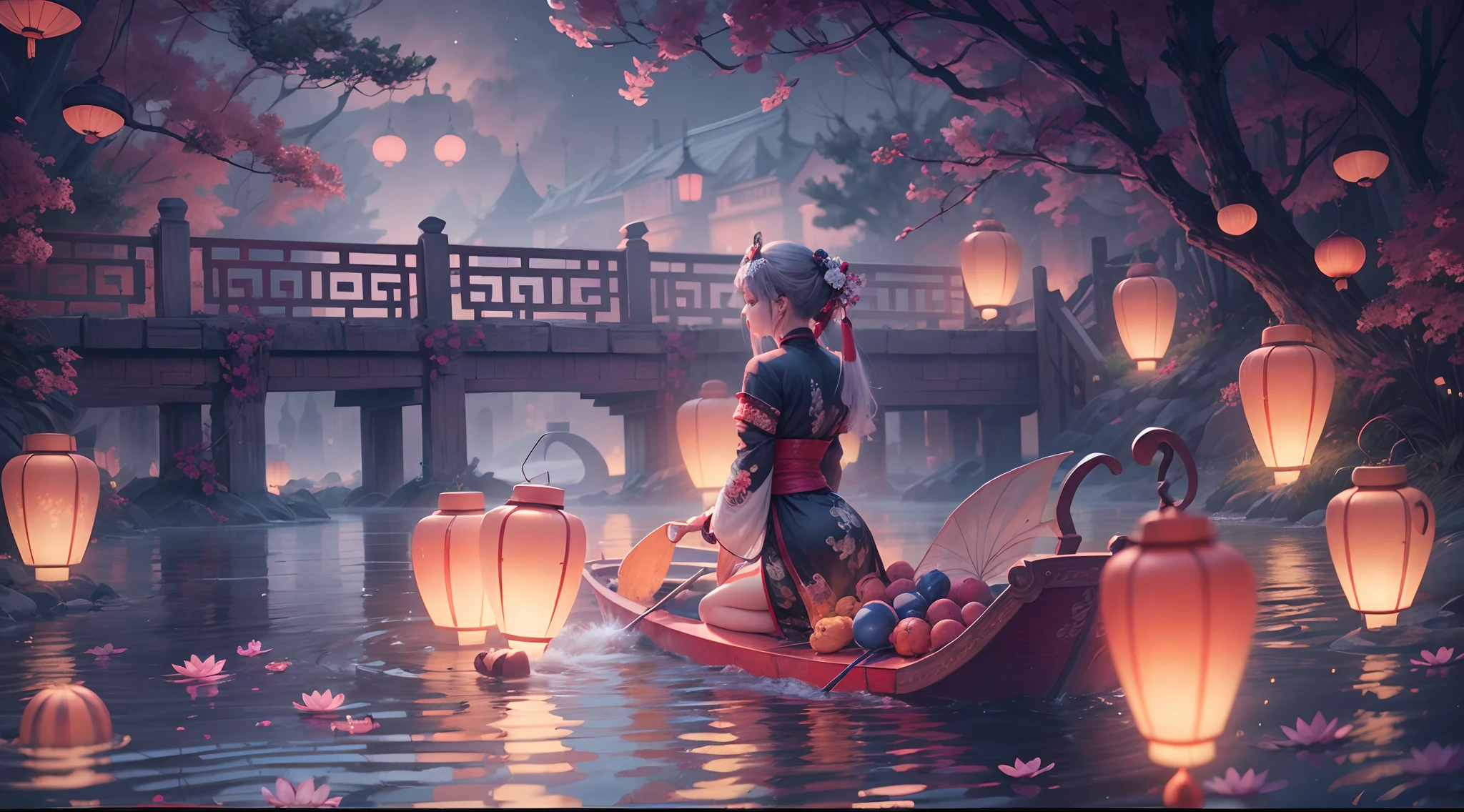 Masterpiece, otherworldly beauty, Surreal, Chinese Ghost Festival，Middle Metaverse，Riverside at dawn，A girl puts on a river lantern，Lanterns in the shape of lotus flowers float on the water，Worship the souls of the dead, The mysterious aura of ghosts, 8K high resolution, smooth, Sharp focus, illustration, 64k, Ultra detailed, ultra-precise detail, bokeh lighting, Intricate, Epic