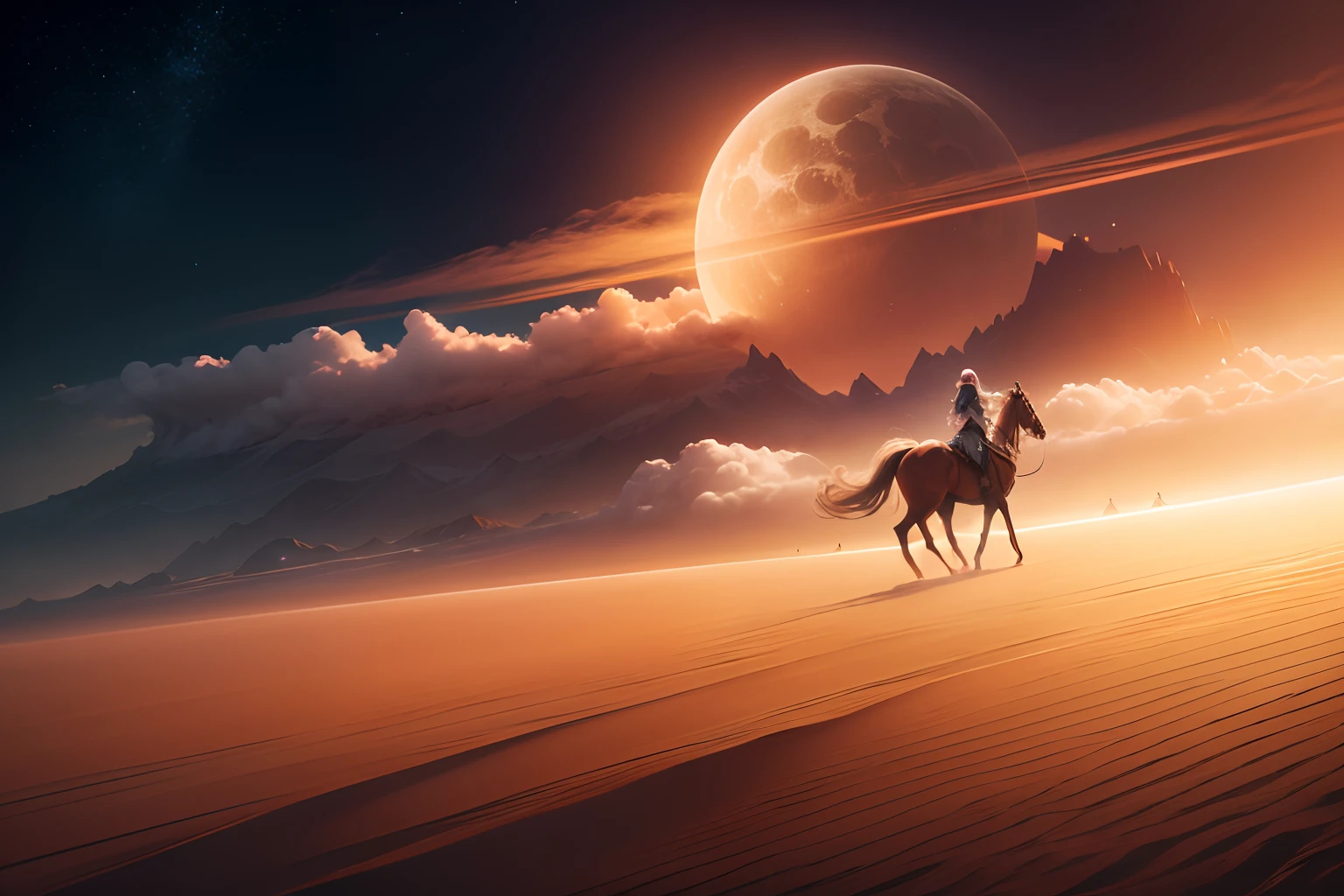 An extreamly beautiful female with long curly hair wearing elegant flowing garments, riding an alien horse like creature, A tiny figure rides, A Galvian stead, ((an alien horse-like creature with extreme long muzzle and neck, ridge disks along its back and spine and ridge gills along its neck, a flowing white tail)), A beautiful creature is seated upon the mount, beautiful flowing garments, a uniform of alien elegance an wear, lustrous flowing hair, beautiful features, air breathing technology, rides across the baren landscape of an alien world, dust blows across the desert in swirls of sorrow, bright orange and pinks of a setting alien moon, near dark, a Jovian world hangs in the furoin sky, she rides to the edge of the horizon, and to new tank city, photorealistic, hyperdetailed, sadness and forlorn, an ending, extreme long shot, vast distances, emptiness, 64k resolution