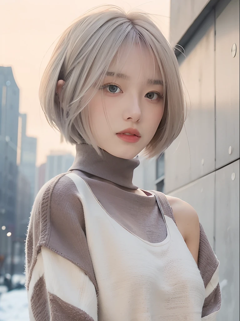 mix4,(top-quality), (Photorealsitic),(The background is the riverside at dusk:1.2), 1womanl, , High Detail Face,、 (8K)、（layers-Cut:1.5）、(Super Berry Shorthair:1.6)、((short hair like men))、Strong eyes、Delicate and realistic skin and hair、（cowboy  shot:1.5）、（bleached, Very thin pale silver hair:1.5）、（Less hair:1.5）、adultlike face、Looking here、（Winter clothes:1.5）、inner colored、1 persons、Dramatic、Twisting the body、Beautiful body lines、（mode:1.8）、Cool、（Sharp eyes:1.5）、moderno、Edgy hairstyles、（Turtleneck 1.8）、(Hairstyles with short tops:1.8)、（Light hair color close to white:1.8)、The season is winter、Thick fabric clothes、Cold winter clothes、（Long-sleeved clothing:1.5）