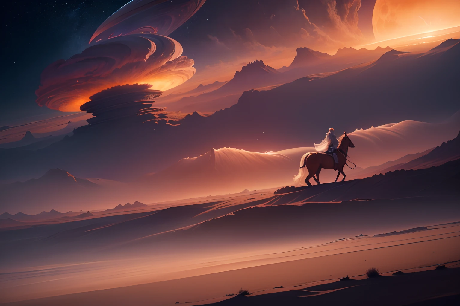 An extreamly beautiful female with long curly hair wearing elegant flowing garments, riding an alien horse like creature, A tiny figure rides, A Galvian stead, ((an alien horse-like creature with extreme long muzzle and neck, ridge disks along its back and spine and ridge gills along its neck, a flowing white tail)), A beautiful creature is seated upon the mount, beautiful flowing garments, a uniform of alien elegance an wear, lustrous flowing hair, beautiful features, air breathing technology, rides across the baren landscape of an alien world, dust blows across the desert in swirls of sorrow, bright orange and pinks of a setting alien moon, near dark, a Jovian world hangs in the furoin sky, she rides to the edge of the horizon, and to new tank city, photorealistic, hyperdetailed, sadness and forlorn, an ending, extreme long shot, vast distances, emptiness, 64k resolution