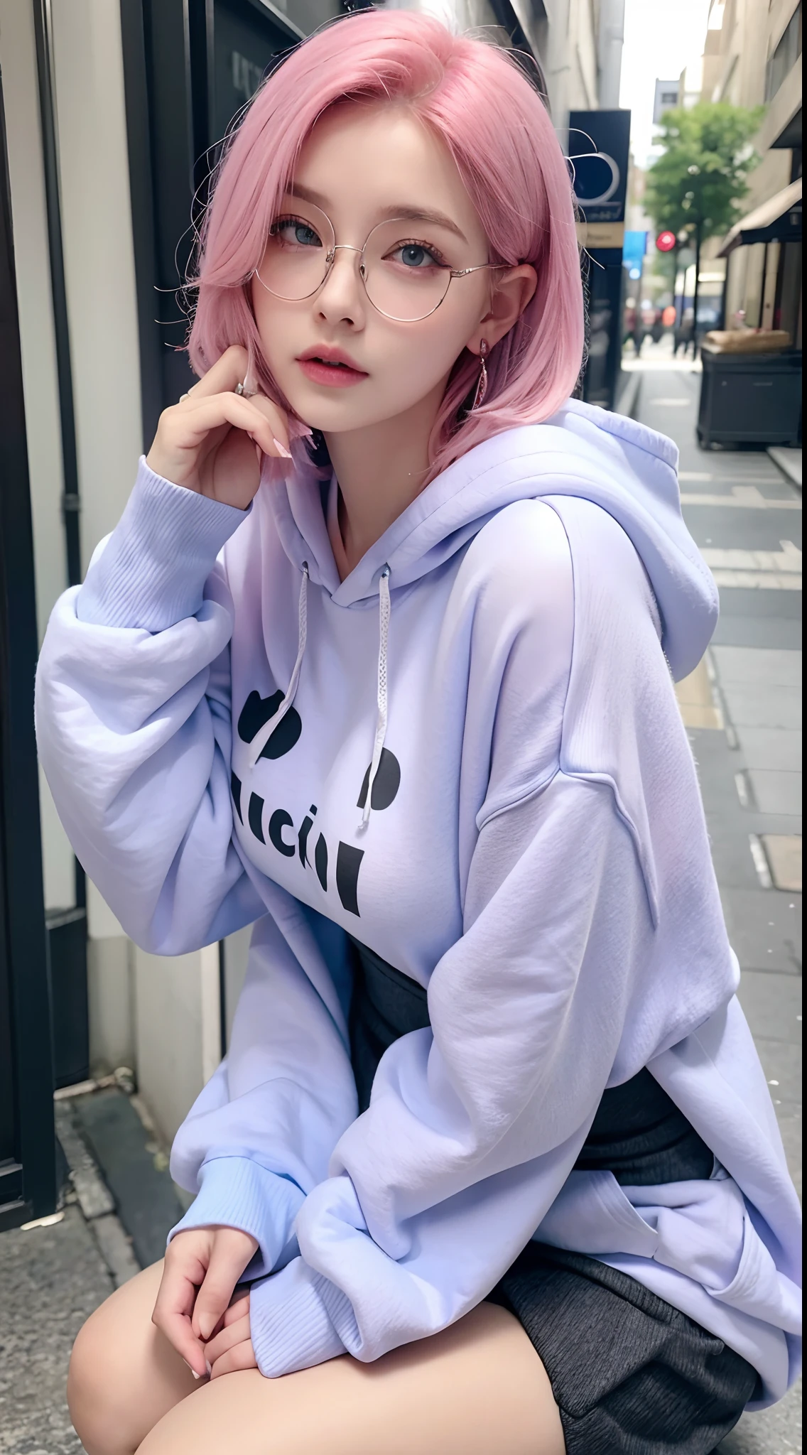 Woman, huge breasts, pink hair, blue eyes, thight hoodie, small chin, thin round glasses, black pleated skirt, cold face