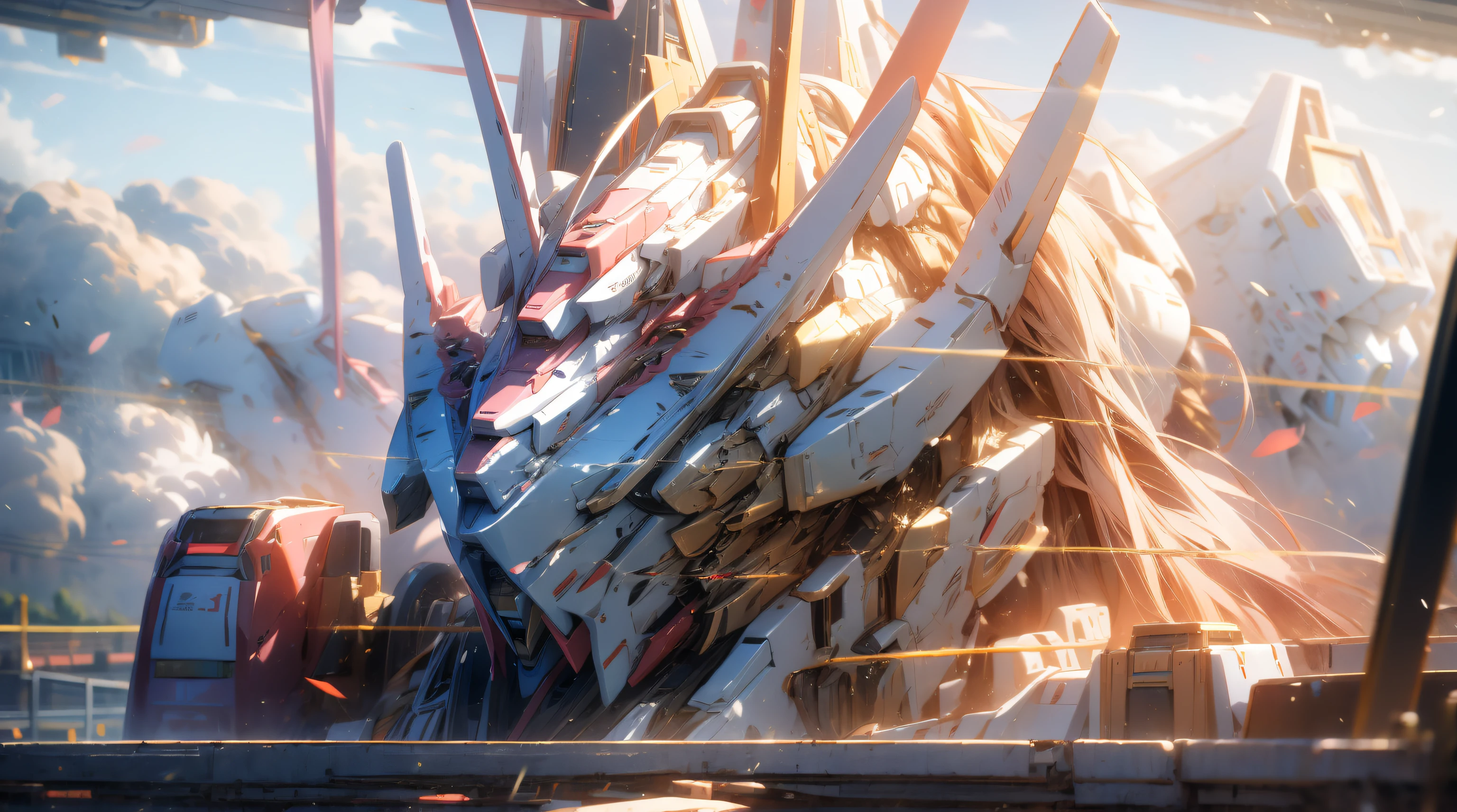 Mechs travel through the clouds,Up,karo,Skysky,,divino,mechs,buliding,scientific fiction,城市,Realistis,illustrious,Best quality at best,8K,VerydetailedCG,Gundam robots,Giant robot ghost,Modern building,Intoxicating dusk