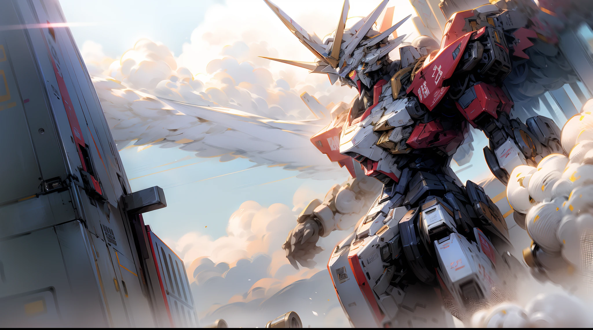 Mechs travel through the clouds，Up，karo，divino，mechs，buliding，scientific fiction，城市，Realistis，illustrious，Best quality at best，8K，VerydetailedCG，Gundam robots，Giant robot ghost，Modern building，Intoxicating dusk