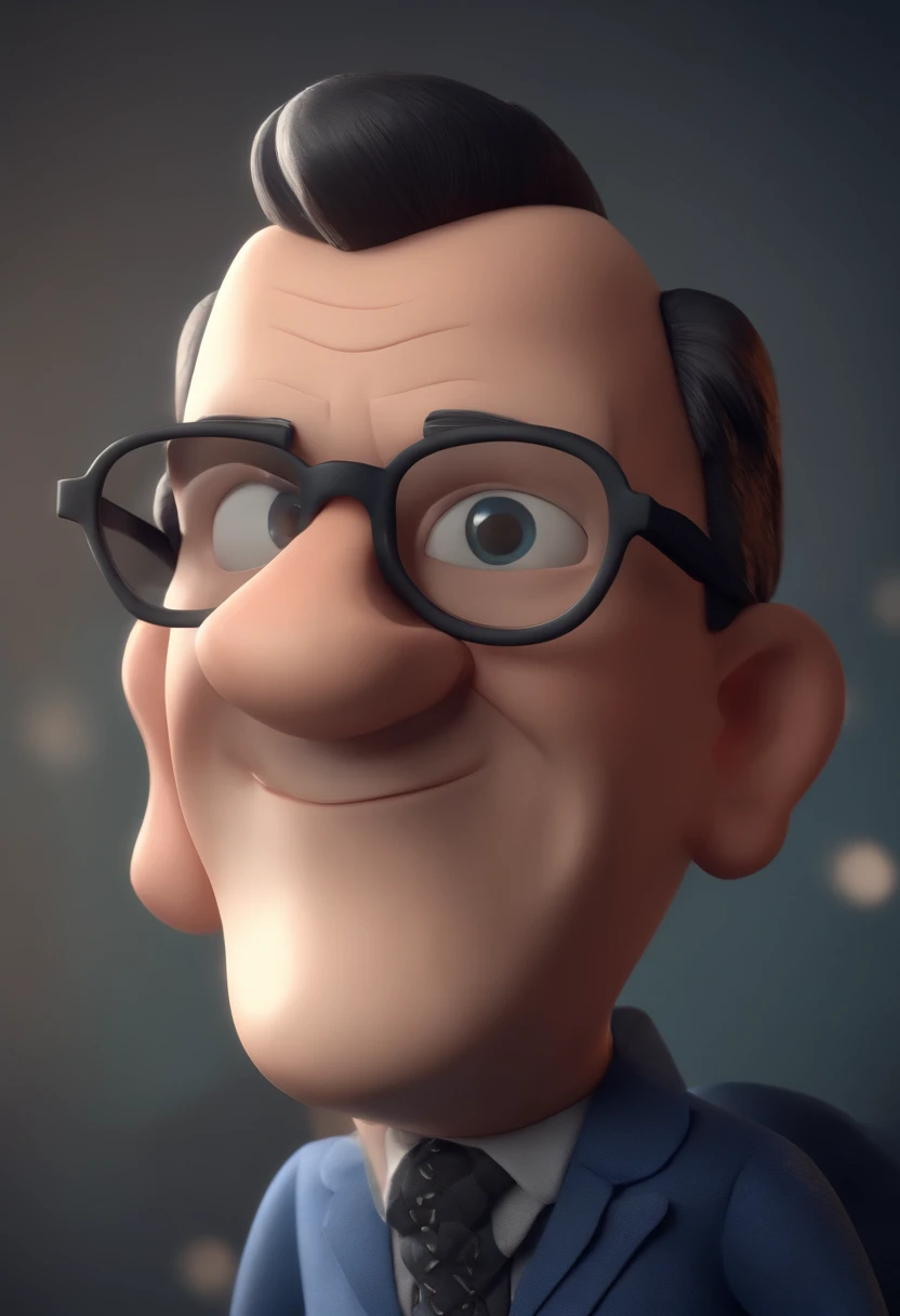 Cartoon character of a man wearing black glasses and a blue shirt, um personagem animado, Caractere estilizado, animation style rendering, 3D estilizado, Arnold Maya render, 3 d render stylized, toon render keyshot, Personagem 3D, Personagem 3D, 3d rendering stylized, 3 d character render, personagem de desenho animado, Personagem de close up, Pose de personagem, (Estilo Pixar) (master part:1.2) (Bokeh) (best quality) (pele detalhada) (textura detalhada) (8k) (argila) (Cinematic lighting) (foco nítido,Senta e vaza a parte superior do corpo
