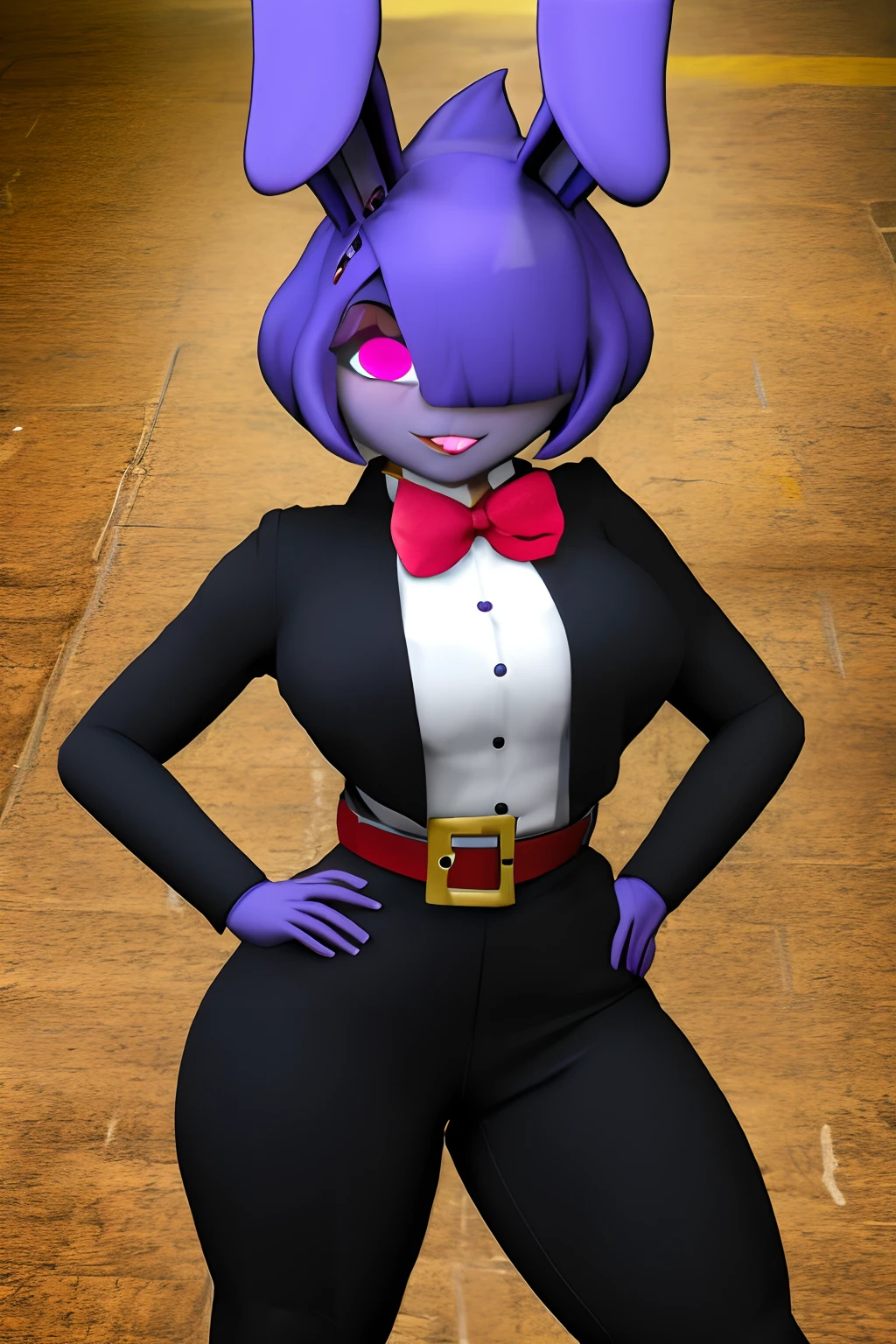 bonfie, a close up of a 3d bunny with a red bow tie, furry art, rendered in sfm, pov furry art, bunny ears, anthro, thicc, with red glowing eyes, waving, red overalls, belt buckle, gloves, purple skin, purple hair, hair clips, black leggins, hair over eye, good lighting, full body, pink eyes,