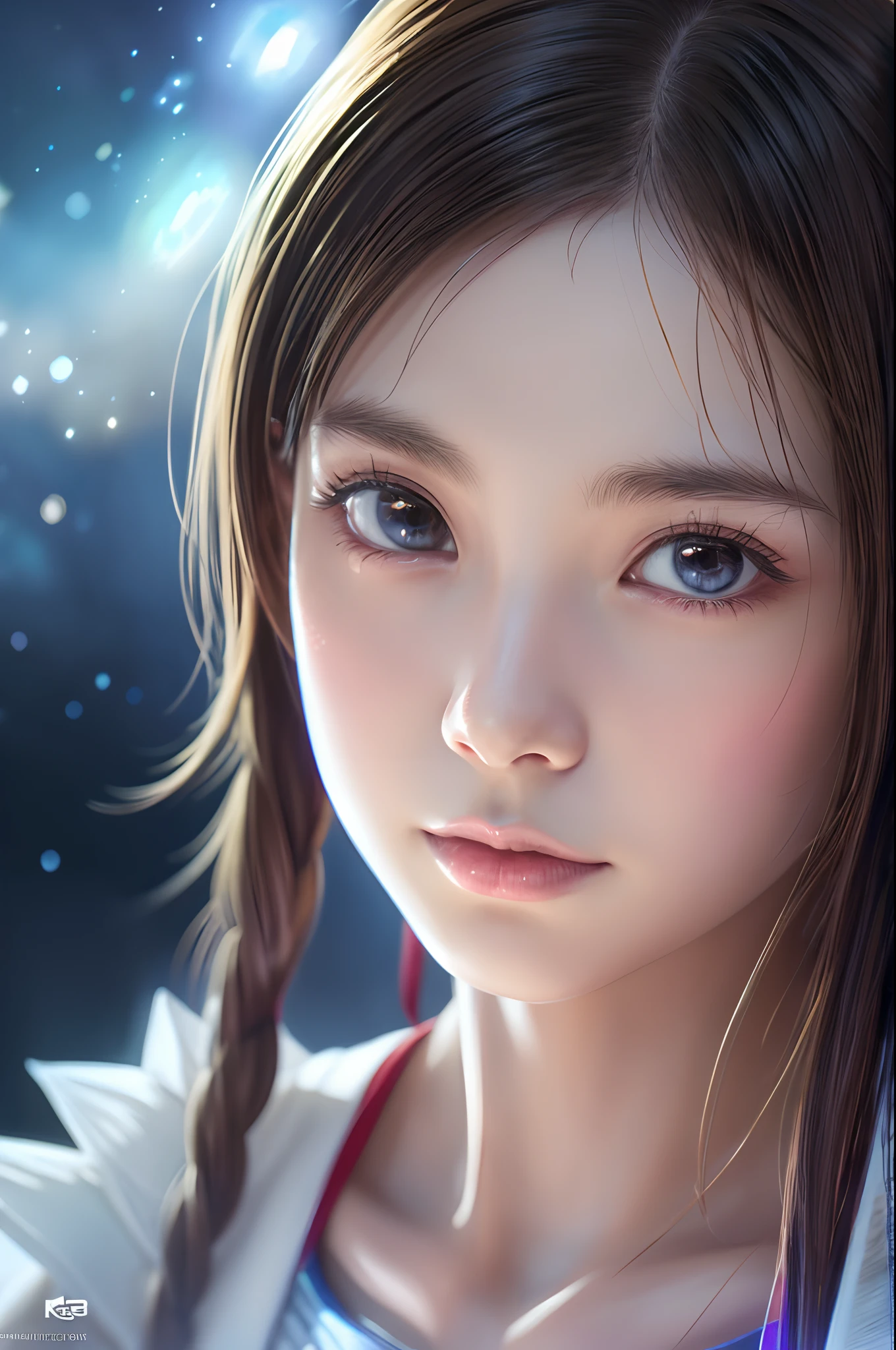 masutepiece, Amazing girl, Cute Girl, Bust, High detail eyes, Perfect eyes, Portrait, High Detail Face, Same eyes, Glare, Rainbow Color, Global Illumination, Soft light, Dream Light, Digital Painting, Close-up in 8K, Fantasy, nigh sky, Stars, nebulas, White Crystal, Moonlight, serenidade, Summer, (8K:1.1)