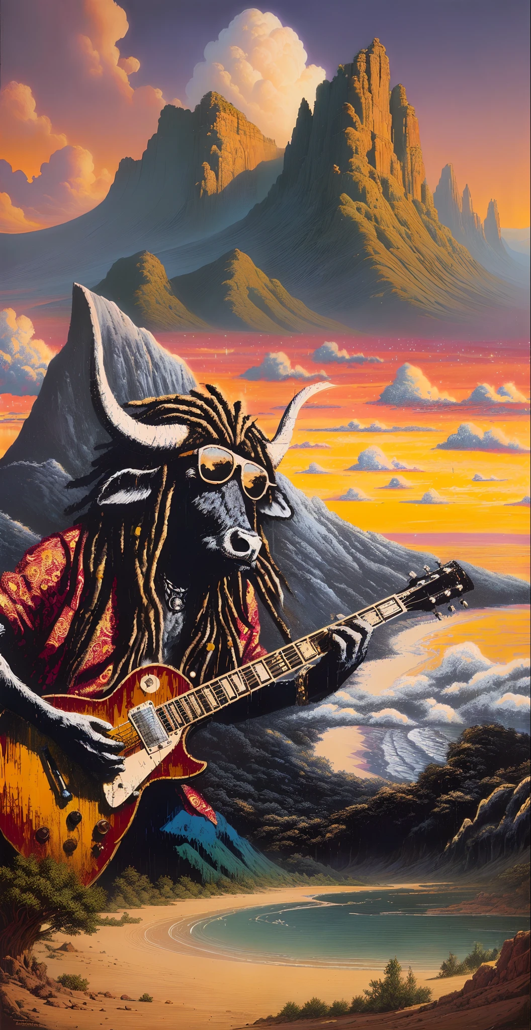 painting of a landscape by Tim Hildebrandt, high quality artwork, in the style of an old poster