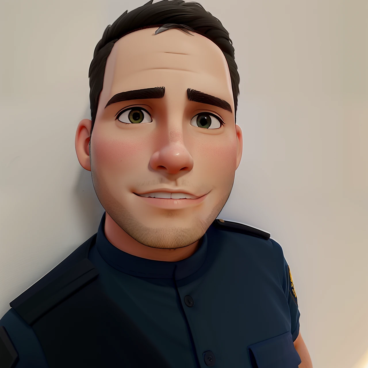Um jovem policial em frete a sua viatura em um dia ensolarado