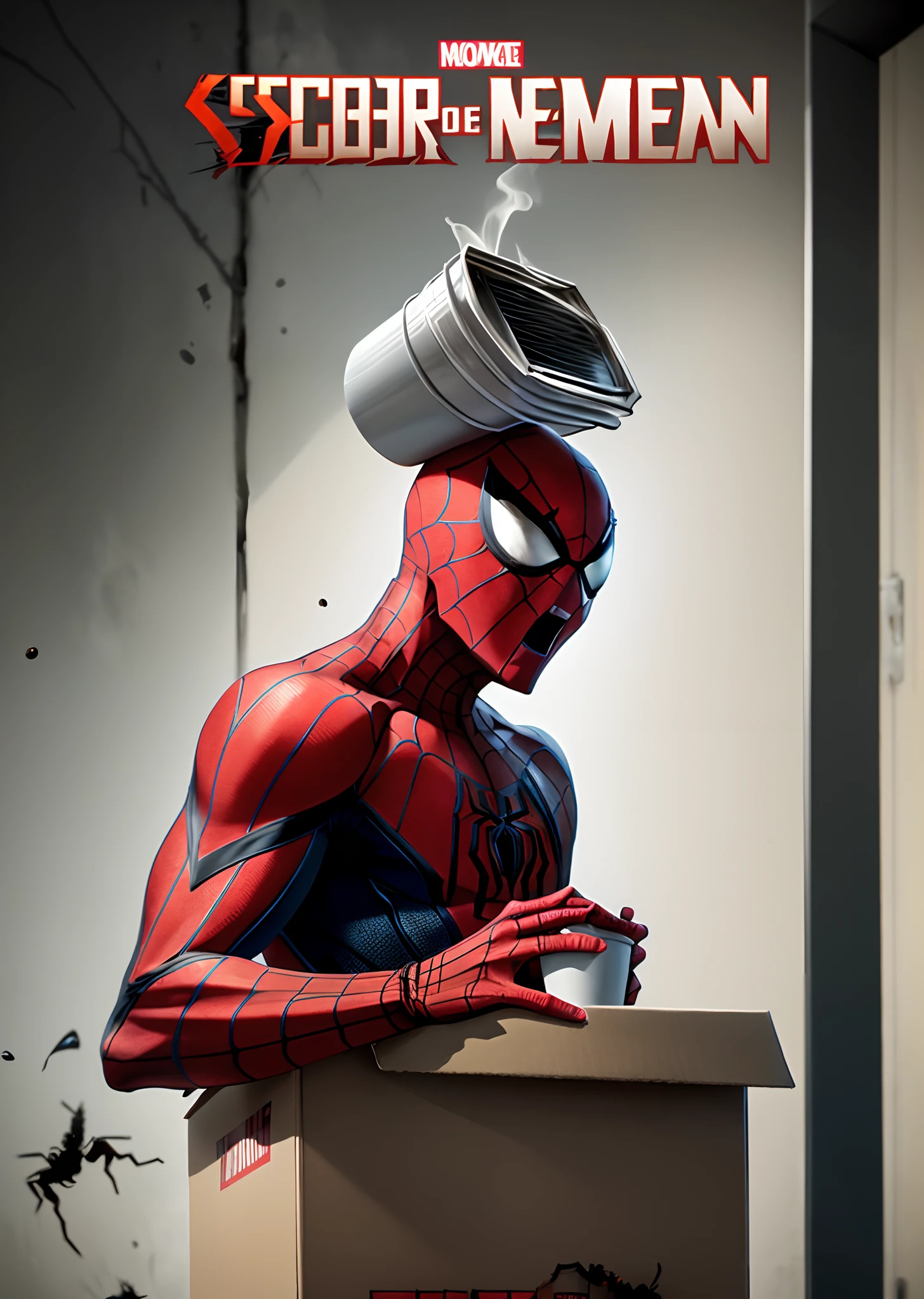 English. Resemble a movie poster for a movie called "The Not-So-Amazing Spider-Men." Plot: A man finds a spider on a box. He screams and yells as he traps it with a cup. However, he accidentally drops the cup and screams more until he traps it again.