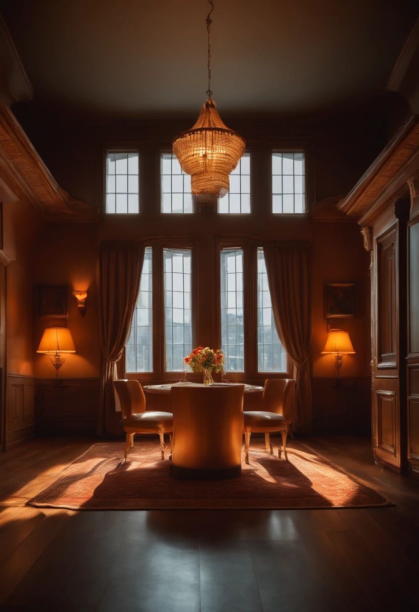 Indoor home, Warm, 窗帘, warm lights, interior architecture, Surrealism, Luminism, chiaroscuro, Canon, masterpiece, UHD