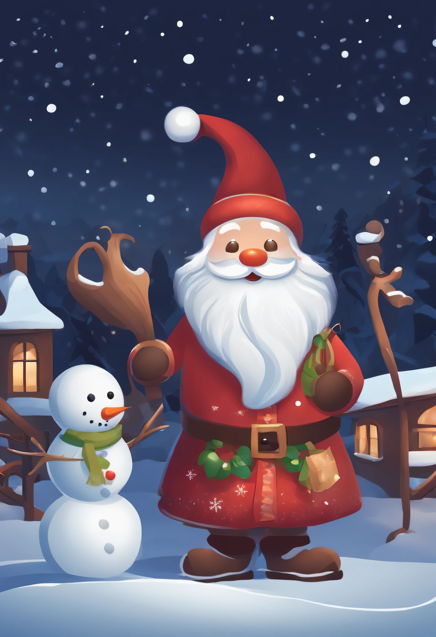 Simple flat Santa Claus,Snowman's snow scene