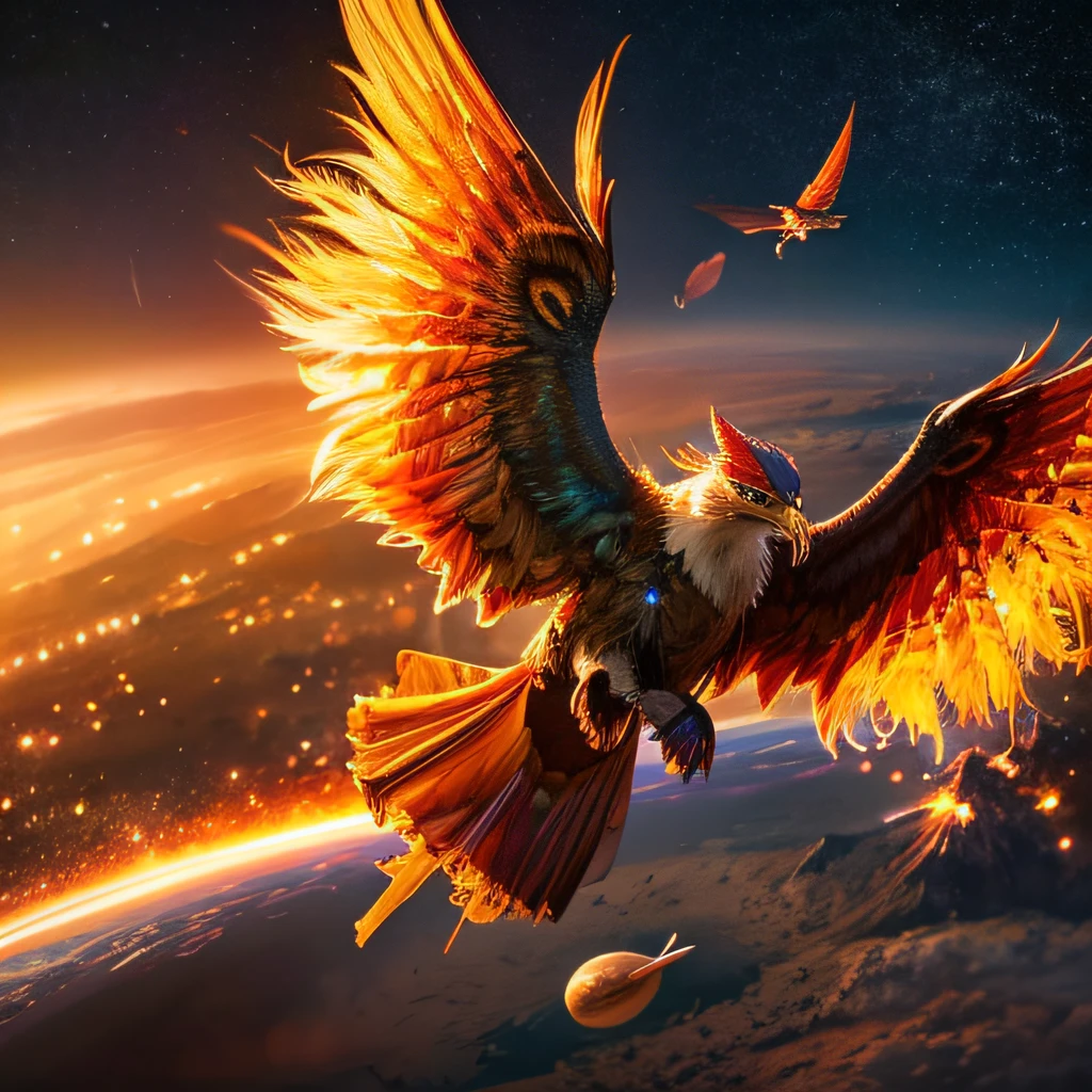 masterpiece、独奏、A highly detailed、Ultra-detailed、超A high resolution、(top-quality)、masterpiece、独奏、A highly detailed、Ultra-detailed、超A high resolution、(top-quality)、The Red Phoenix、With space in the background、Flying with wings spread。
