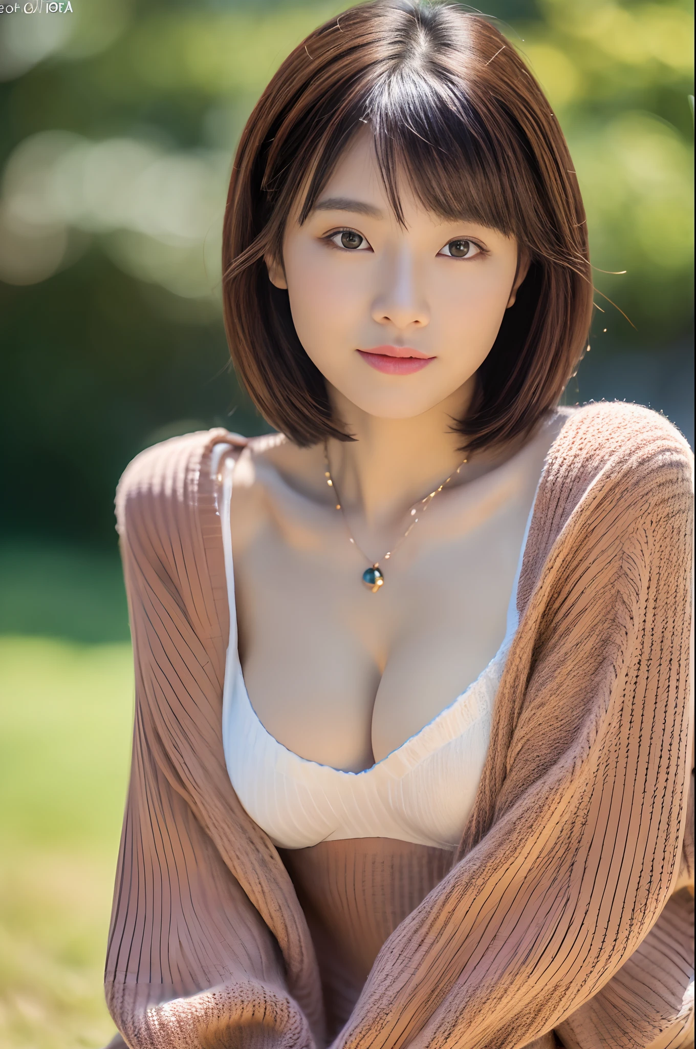(top-quality、8k、32k、​masterpiece、UHD:1.2)、Photos of pretty Japan women、large full breasts、very short bobbed hair、The upper part of the body、sface focus、、(oversized_sweater、:1.1)a necklace、simple background、looking at the viewers、Leaning forward、