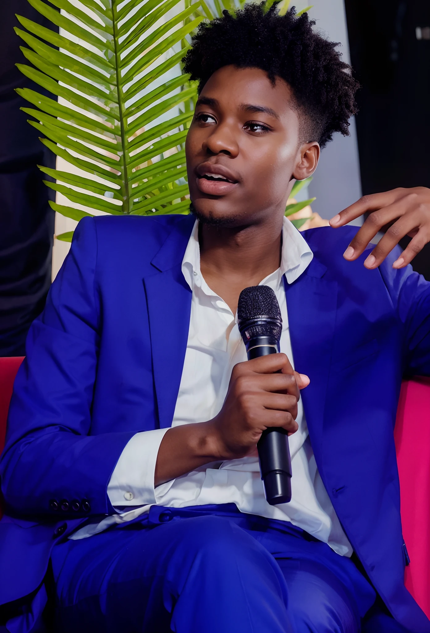 Pixar-style poster/Disney's A young African businessman sitting with microphone in hand talking about business.