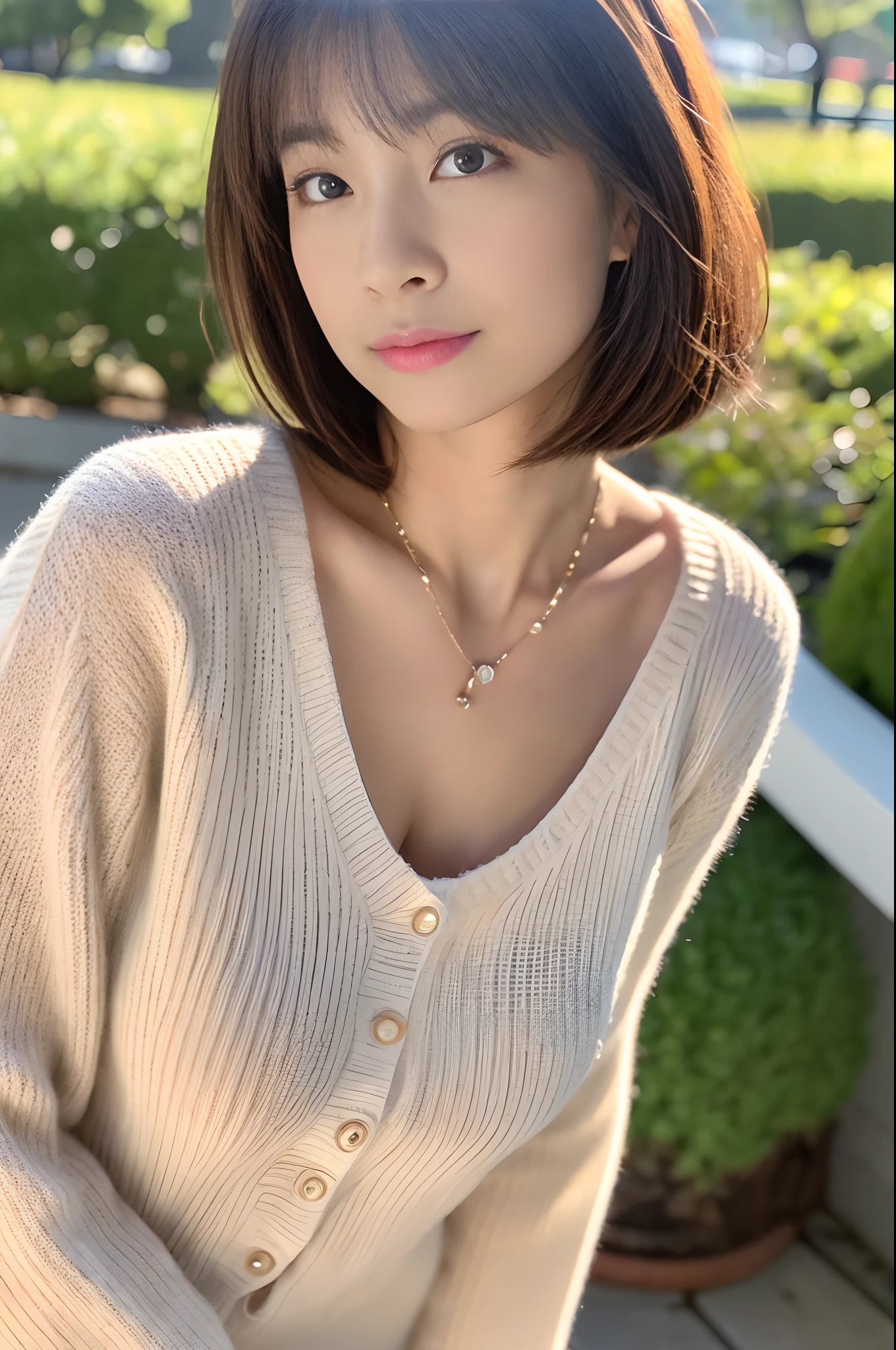 (top-quality、8k、32k、masterpiece、UHD:1.2)、Photos of pretty Japan women、large full breasts、very short bobbed hair、The upper part of the body、sface focus、、(oversized_sweater、:1.1)a necklace、simple background、looking at the viewers、Leaning forward、