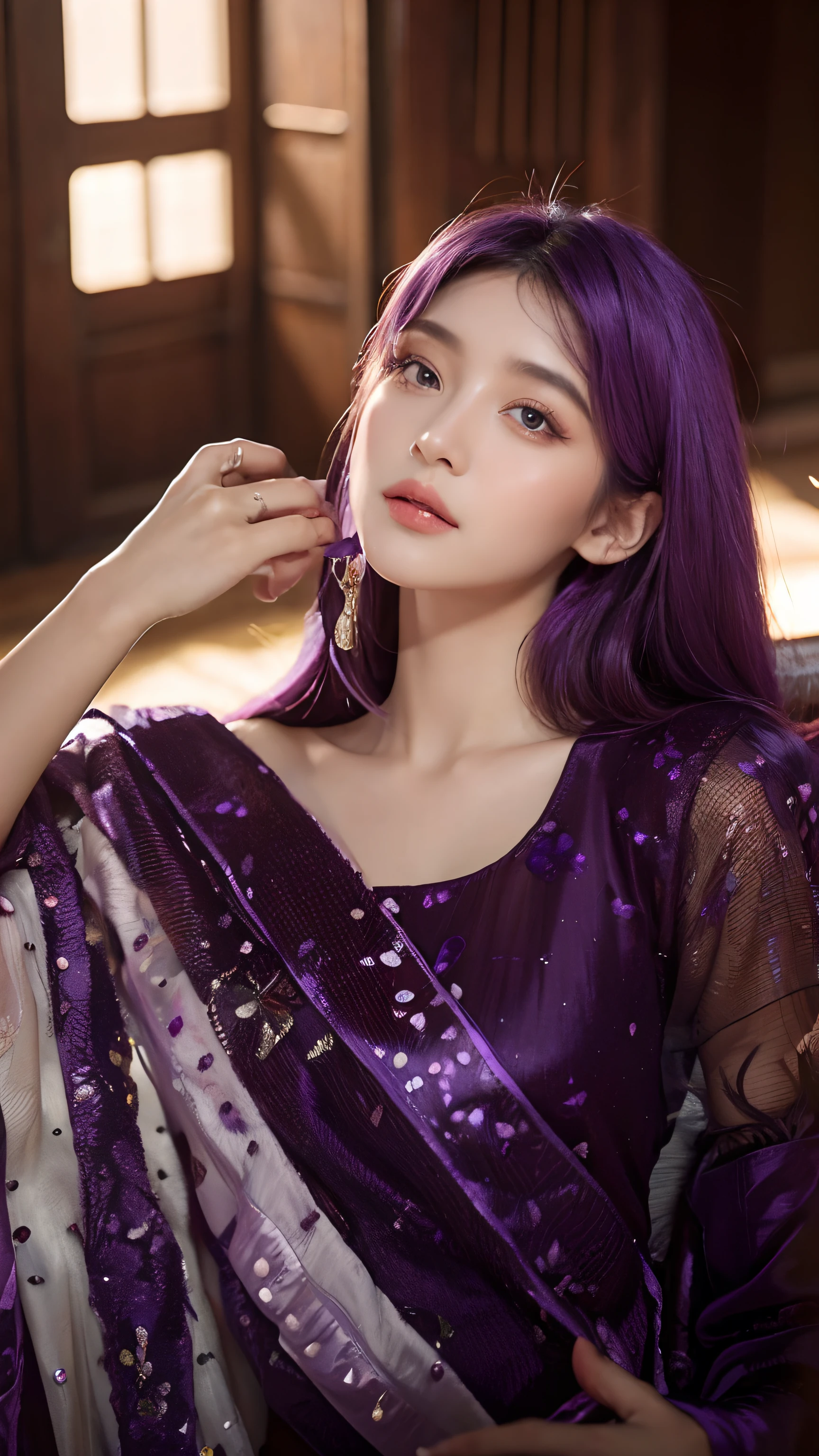 Ancient beauty，Purple ancient clothes，Ancient coiled hair，Stunning beauty