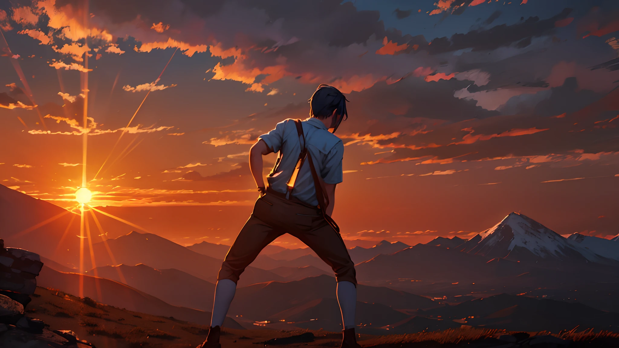 the sunset,eventide,Suspenders,Stand on top of the mountain with your feet,schoolboy