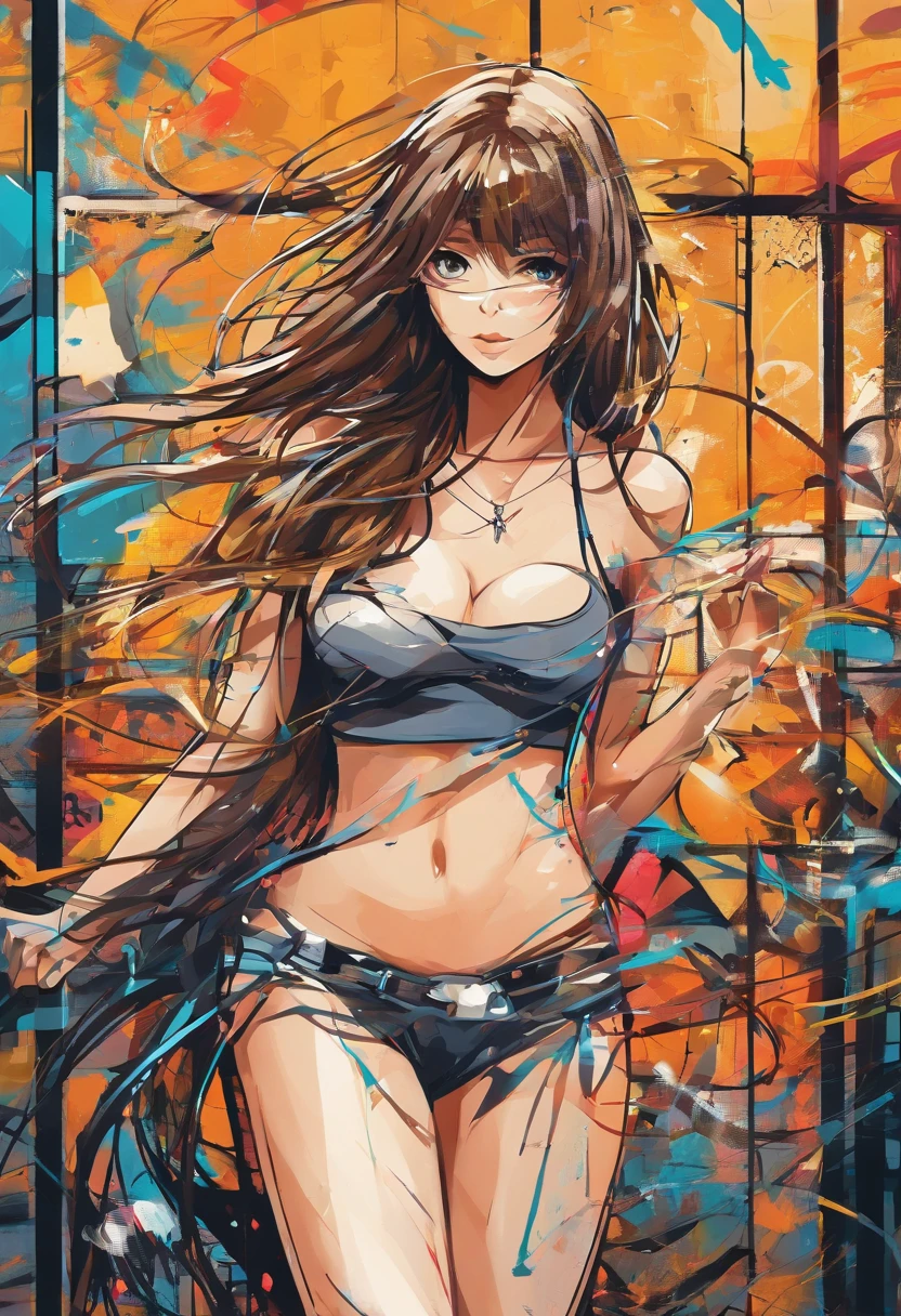 (masterpiece, top-quality) , NSFW, 1girl in, Long straight hair of light brown color with bangs, Size D breasts, Dandelion cage panties and strapless bra, Right now, Stretch your legs and jump in the air, cool