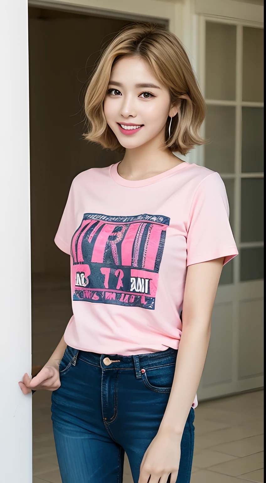 For a t-shirt mockup design, full body, standing with her hands tucked into her jeans pockets, waist high Portrait of an exotic beautiful teenager girl, blonde short curly hair, bob cut, perfect detailed face, detailed symmetric hazel eyes with circular iris, realistic, stunning realistic photograph, 3d render, octane render, intricately detailed, cinematic, Isometric, Centered hipereallistic cover photo, awesome full color, dark, gritty, mucha, klimt, erte 12k, high definition, cinematic, neoprene, stylized digital art, smooth, ultra high definition, 8k, unreal engine 5, ultra sharp focus, intricate artwork masterpiece, ominous, epic, highly detailed, vibrant, For a t-shirt mockup design, pink tee shirt, cute caucasian teenager girl, fourteen years old, full body, standing with her hands tuclked into her jeans pockets, from the top of her head to her waist, fourteen years old, blonde short curly hair, bob cut, happily smiling, closed lips, pointed nose, facing the front, standing with her hands on her waist, both hands tucked into her jeans pocket, wearing a high-quality pink colored t-shirt with no designs and no text, and clean blue jeans, for a mockup design, plain pink t-shirt with no designs and no text, with a focus on the high-resolution texture and details of the clothes. The girl is standing in an all white room with a white background, with a shadow effect adding depth to the image, Hyper realistic , ultra detailed, full lips. Front facing, golden hoop earrings, ultra detailed, ultra accurate detailed, mascara and long eyelashes, Shot with canon EOS RI camera at 50 mm focal length with a 1.2 aperture. 4k. Heavy makeup and a coy expression.