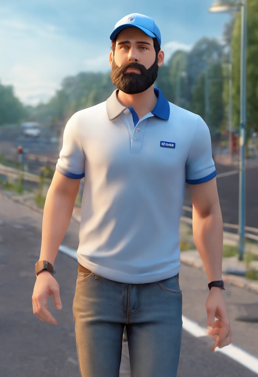 Creates a 3d pixar-style image of a bearded white man in a light blue cap wearing a blue striped polo shirt, he's 23 years old and standing on the side of a highway