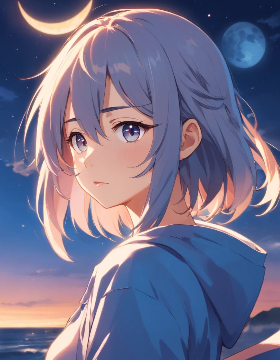 chica anime con el pelo largo y gris y una media luna y un gusano sobre su cabeza, Anime Moe Artstyle, Imagen de perfil de Discord, Chica anime con pelo largo, linda cara de anime, (Chica anime), Linda cara de anime natural, Anime visual de una chica linda, Shikamimi, Cara de chica de anime extremadamente linda, Cara de Ahegao, en un estilo anime, high quality anime artstyle. Add a few tears to your eyes, i,agen de cuerpo completo en ropa interior
