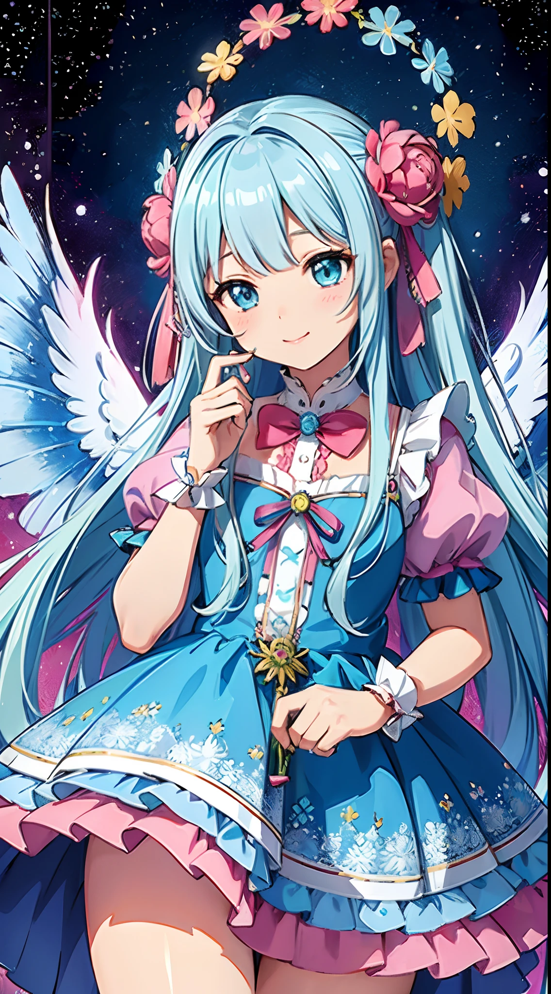 (masterpiece、top-quality、top-quality、Official art、Beautifully Aesthetic:1.2)、(1girl in:1.3)Light blue long hair、Twin-tailed、adorable smiling、ighly detailed、(Fractal Art:1.1)、(colourfull:1.1)(florals:1.3)、highestdetailed、(Zentangle:1.2)、(dynamicposes)、(Abstract background:1.3)、(shinny skin)、(Many colors:1.4)、、(耳Nipple Ring)、(pluma:1.5)、White background、Phoenix dress、Angel wings shining in seven colors、1 kawaii girl、adorable smiling、Twin tails with long light blue hair、Colorful angel costume in lolita style with ruffles、A blizzard of fluttering flowers(Some photos)、((top-quality))、((masterpiece))、(ighly detailed、highestdetailed、Official art、Beautifully Aesthetic:1.2)