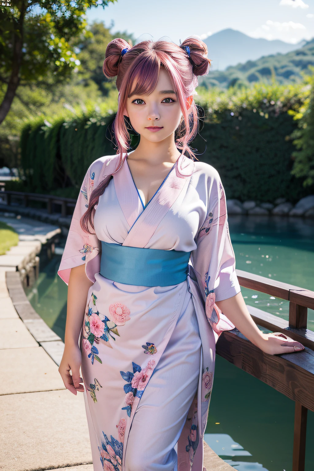 (masterpiece, best quality, beautiful girl, solo, gardeniass, 8k, official art, raw photo, detailed Blue eyes, full Pink Hair, 2 buns, classic yukata, , shy, medium curvy body, blue eyes, soft smile