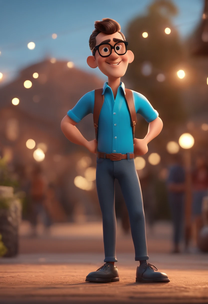 Cartoon character of a man with black glasses and a blue shirt, animation character, Caractere estilizado, animation style rendering, 3D estilizado, Arnold Maya render, 3 d render stylized, toon render keyshot, Personagem 3D, Personagem 3D, 3d rendering stylized, 3 d character render, personagem de desenho animado, Personagem de close up, Pose de personagem, (Estilo Pixar) (master part:1.2) (Bokeh) (best quality) (pele detalhada) (textura detalhada) (8k) (argila) (Cinematic lighting) (foco nítido