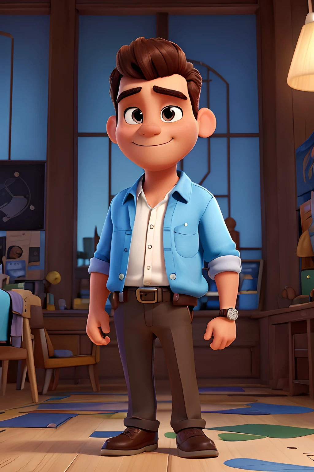 a Disney pixar-inspired movie poster with the title ("O arquiteto do futuro"). (O Arquiteto do futuro. An architect of the future in his office in black clothes, cabelo curto e encaracolado e uma verruga na bochecha esquerda, brown with a watch on his right arm) a cena deve estar no distinto estilo de arte digital da Pixar, with a focus on character expressions, Vibrant colors and detailed textures that are characteristic of animations, with the title (Bruno Arquiteto)