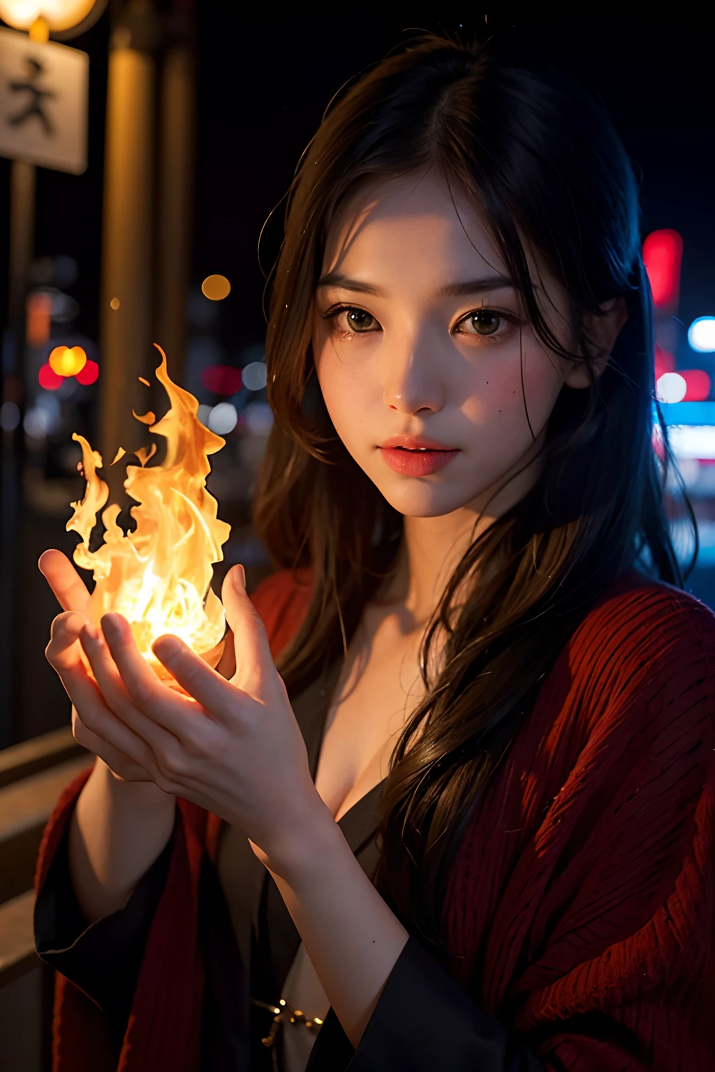 Woman holding fire in both her hand, 1girl, Tokyo street,night, cityscape,city lights, upper body,close-up, 8k, RAW photo, best quality, masterpiece,realistic, photo-realistic,
