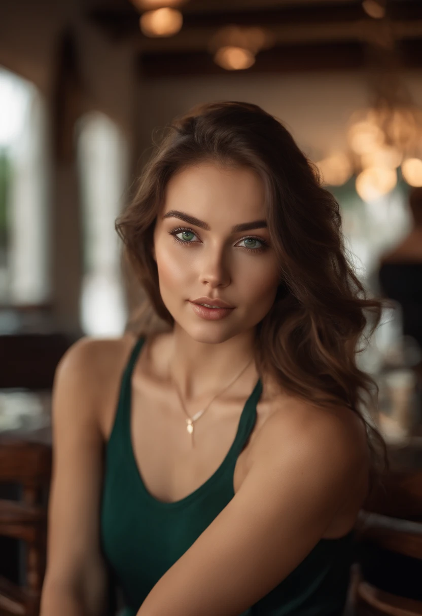 arafed woman with a white tank top and a necklace, dining at a restaurant, sexy girl with green eyes, portrait sophie mudd, brown hair and large eyes, super realistic, 4k, selfie of a young woman, bedroom eyes, violet myers, without makeup, natural makeup, looking directly at the camera, face with artgram, subtle makeup, stunning full body shot, piercing green eyes, beautiful angle, attractive pose, cute girl, sexy pose, full body picture, full body, full body shoot, brunette goddess, high detail, satisfied pose, sun dress, dress, tennis shoes, slightly larger hips than average