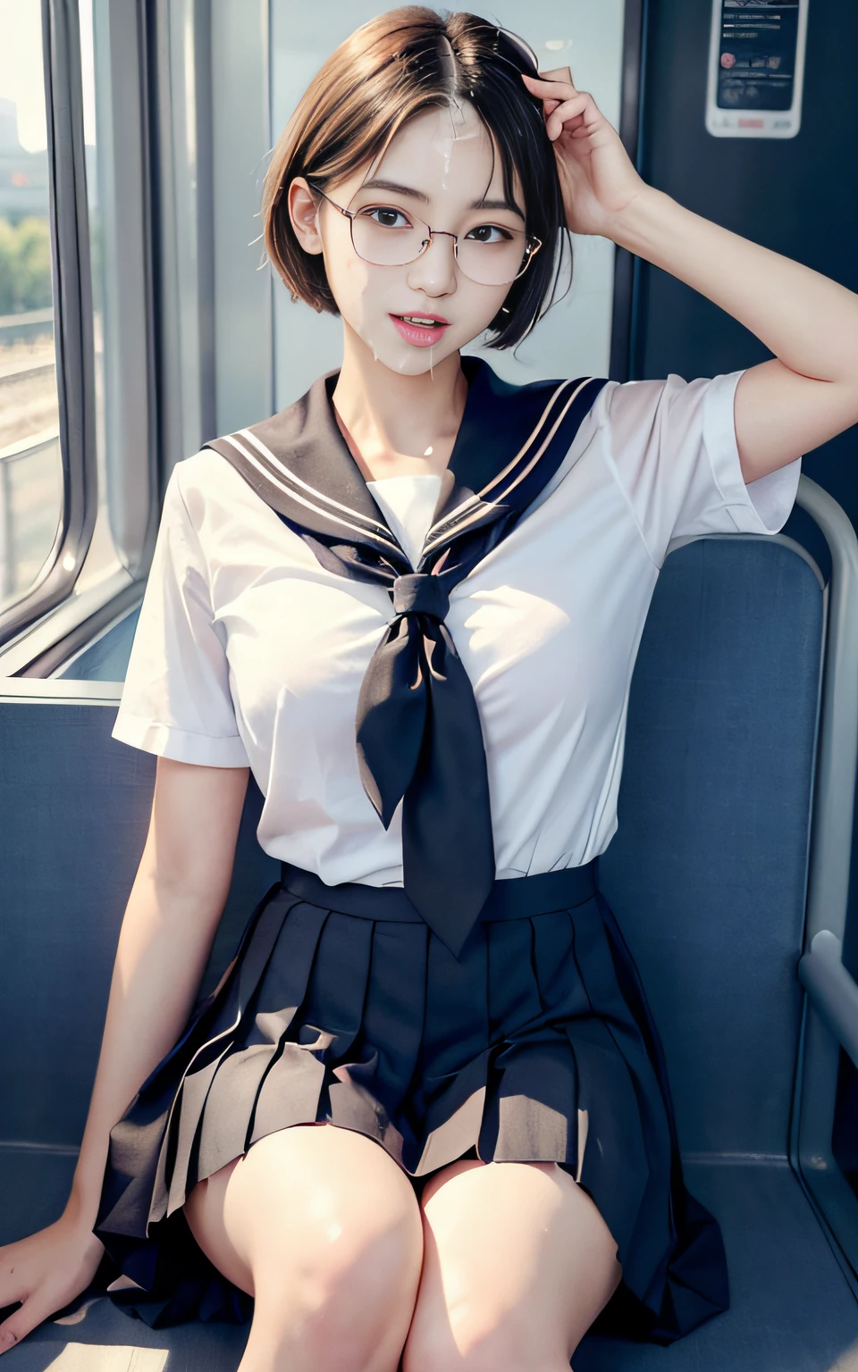 /*Quality sentences*/しょ
of the highest quality, 16 K, masterpiece, hyperdetailed face, very detailed lips, Detailed eyes, Realistic pupils,
BREAK,
/*Characters and expressions*/
Extremely Beautiful Girl, Japanese girl, 1 girl, 18 years old, Light on Face, (short hair:1.2), (Very sweet smile:1.2), (wear glasses:1.2), 
BREAK
/*garments*/
(sailor uniform:1.3) , (collar and ribbon:1.1), (pleated skirt:1.3), (choker:-1.5)
/*pose*/
(excessive cum on face:1.6), (hyper Realistic cum:1.5), 
BREAK
/*Angular posture*/
(in a train:1.3), looking at viewer