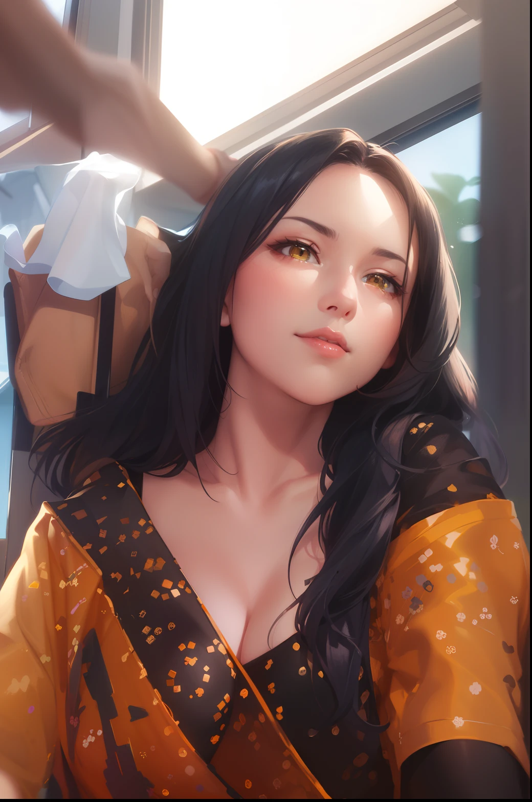 professional artwork, Intricate Details, field of view, sharp focus, detailed painting, photorealistic lighting, trending on pixiv,(masterpiece:1.0),(best_quality:1.0), ultra high res, ultra-detailed, photography, 8K, HDR, highres, absurdres:1.2, Kodak portra 400, film grain, sharp focus, bokeh:1.2, lens flare, (vibrant_color:1.2), (((indoors, classroom, classroom details, sitting on chair, perfect anatomy sitting, leaning to table))),
female mature, black hair, long hair, yellow eyes, large breasts, japanese student, student outfit, formal, hair intakes, 35yo,mature female,Beautiful Finger,Beautiful long legs,Beautiful body,Beautiful Nose,Beautiful character design, perfect eyes, perfect face, looking at viewer, official art,extremely detailed CG unity 8k wallpaper, (Beautiful,large_Breasts:1.4), (beautiful_face:1.5),(narrow_waist), (solo:1.4), (upper body, half body shot),