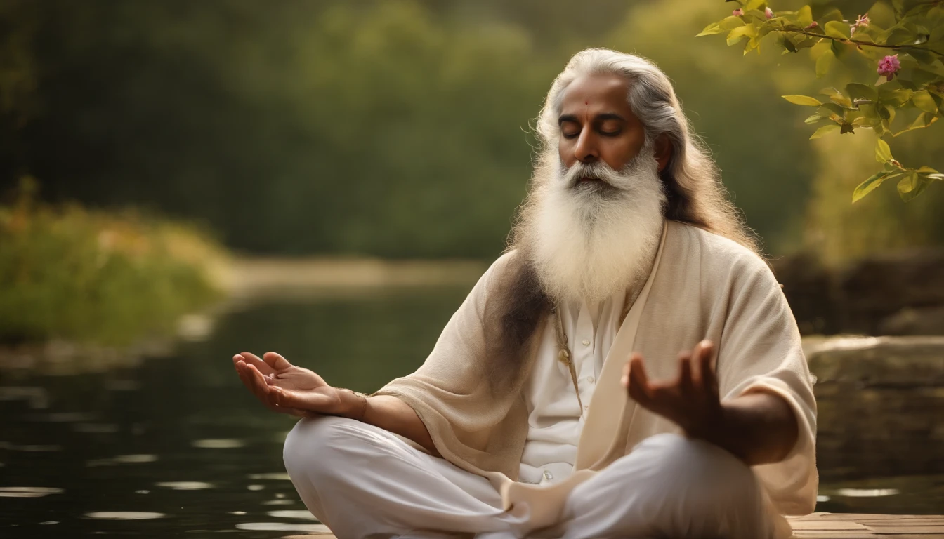 (best quality,4k,8k,highres,masterpiece:1.2),ultra-detailed,(realistic,photorealistic,photo-realistic:1.37),portrait,((Sadhguru:1.1)) meditating,yogi with long white beard,deep concentration,serene expression,tranquil surroundings,natural sunlight,soft shadows,subtle color palette,peaceful atmosphere,tranquil atmosphere,spiritual aura,calm energy,gentle breeze,rays of light streaming in,eyes closed in meditation,body relaxed,lotus position,sitting on a cushion,sculpted physique,vibrant energy,connected with nature,green leafy background,quiet peaceful garden,serene water feature,colorful flowers blooming,birds chirping harmoniously,serenity and wisdom reflecting,serene countenance,divine inspiration,inner peace,harmony within,connect with the universe,inward journey,soulful expression,blissful state of being,transcendental experience.