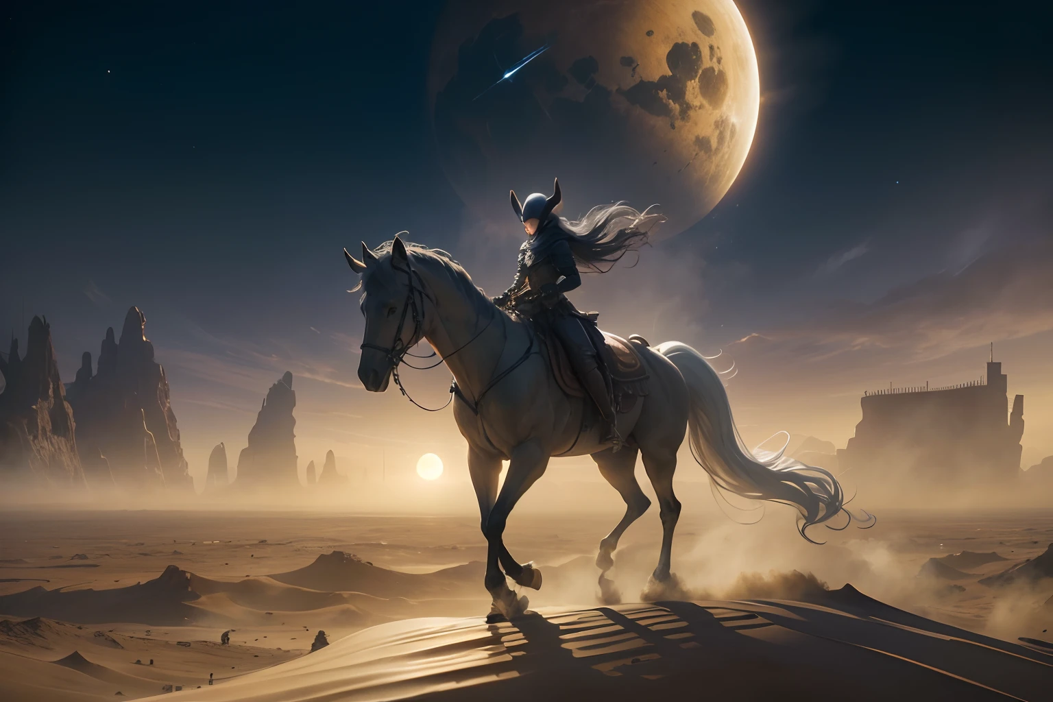 A tiny figure in the distance rides, Riding a Galvian stead, ((an alien horse-like creature with long narrow nose, back ridge plates, gills, and long flowing white tail)), across the baren landscape of an alien world, dust blows across the desert in swirls of sorrow, bright orange and pinks of an setting near dark alien moon, a Jovian world hangs in the furoin sky, she rides to the edge of the horizon, and to new tank city, photorealistic, hyperdetailed, sadness and forlorn, an ending, extreme long shot, vast distances, 64k resolution