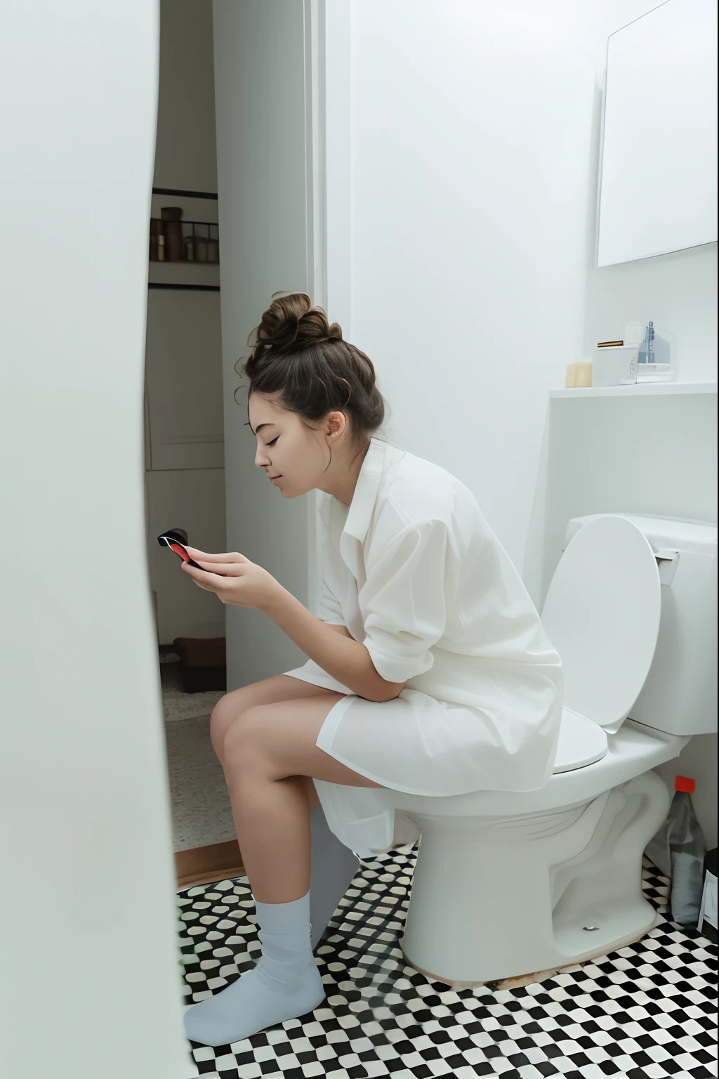 A woman sits on the toilet, Sitting on the toilet, Check her phone, Check her phone, In the bathroom, The goddess is checking her phone, in bathroom, Young woman in her 20s, Looking at his cell phone,
