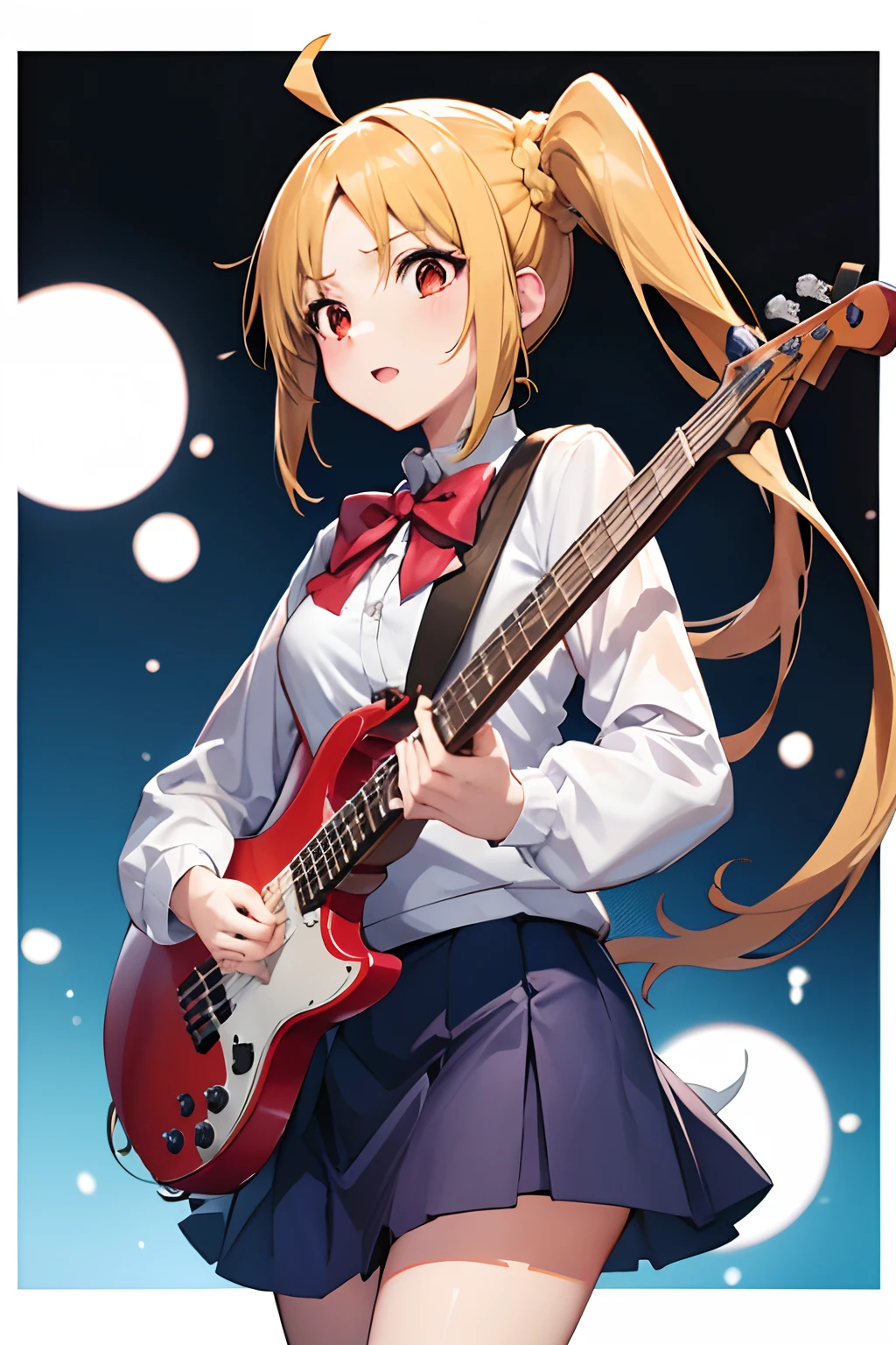 (masutepiece), Best Quality, hight resolution, 4K, 1girl in, Solo, nice hand, in1, Side Ponytail, Long hair, Ahoge, White shirt, School uniform, Blue skirt, Long sleeves, Red bow, White socks, Play the electric bass