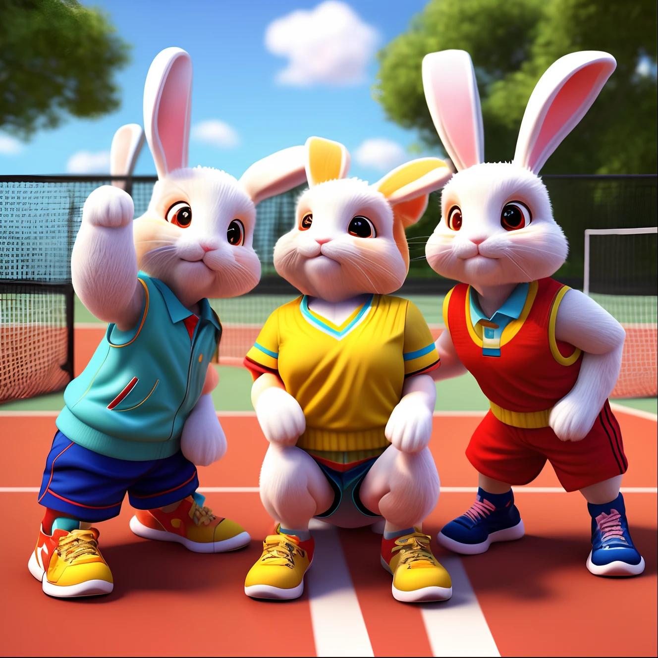 There are 3 rabbits standing on the tennis court, Moe rabbit，Red and yellow sports shirt and shorts, Red sneakers，posed for photo, all looking at camera,adorable rabbit,  sports team mascot, [ Realistic photo ]!!, self-shot!!!!!, accidentally taking a selfie, Pose for Camera, looking at the camera in!!!, cute artwork,。.。.。.3D，kawaii，Cartoony，Animate，