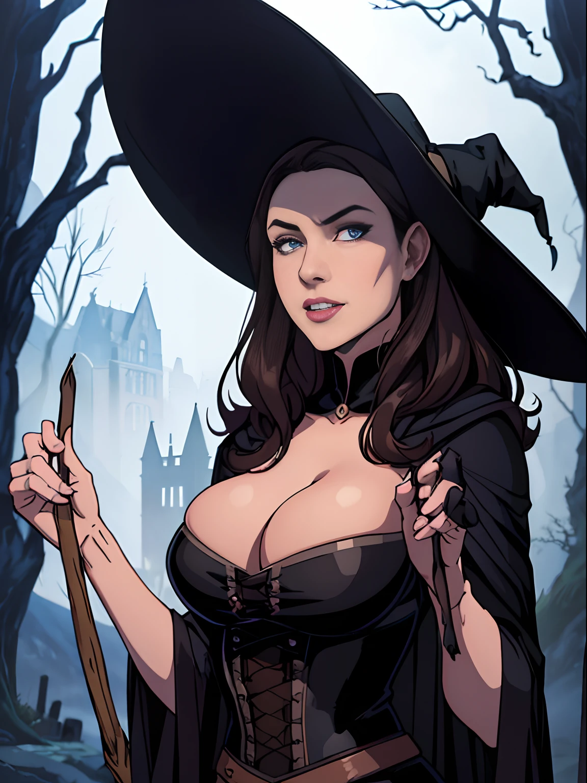 (masterpiece, top quality, best quality, official art, beautiful and aesthetic:1.2), (1girl:1.3), long and curly dark brown hair, wicked grin, Victorian style, extremely detailed, portrait, looking at viewer, solo, (full body:0.6), detailed background, close up, mischievous eyes, (cold midnight castle theme:1.1), extremely busty witch, huge lips, charlatan, smirk, mysterious, being seductive by a cottage in the forest, witch hat, broom, cauldron, revealing gothic witch dress, lace, extremely tight bodice, black attire, black skirts, long sleeves, loose sleeves, black leather, cloak, corset, black dress, fishnets, thigh high black boots, buckles, straps, pouches, glowing green magic energy, dark purple fabric, silver trim, black leather, gigantic breasts, cleavage, skindentation, slim waist, slim hips, long legs, medieval (forest cottage exterior:1.1) background, nighttime, dark mysterious lighting, shadows, magical atmosphere, dutch angle
