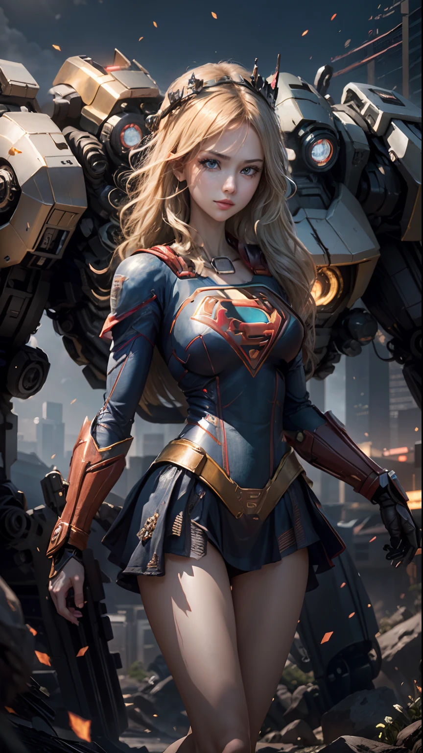 official art, unity 8k wallpaper, ultra detailed, beautiful and aesthetic, beautiful, masterpiece, best quality, (zentangle, mandala, tangle, entangle), 1girl, ((full pose)), ((supergirl)), skin tight top, (panty), (((red mini skirt))), red cape, (camel toe), single ponytail, open leg pose, extra long blonde ponytail, blonde hair, (detailed blue eyes), (smiling), ((flying in sky:1.4)) (complicated ultra detailed enchanted city landscape:1.3), small_breasts, red thigh highs boots, <lora:reelmech:1>, reelmech, (mechanical parts:1.5), cyborg, robotic parts, luxurious cyberpunk
