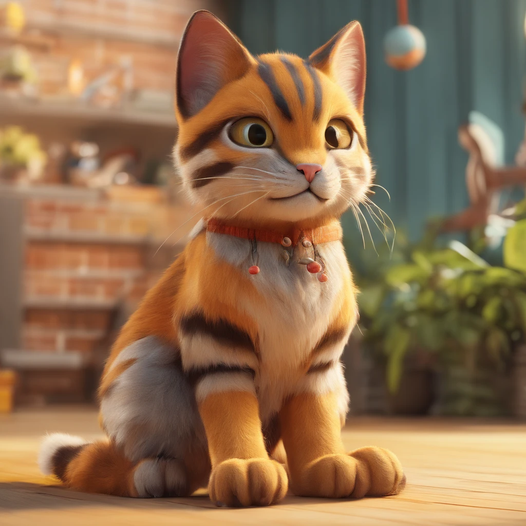 Crie um personagem estilo pixer, gatinho tigrado, pelos claros, olhos amarelos,,