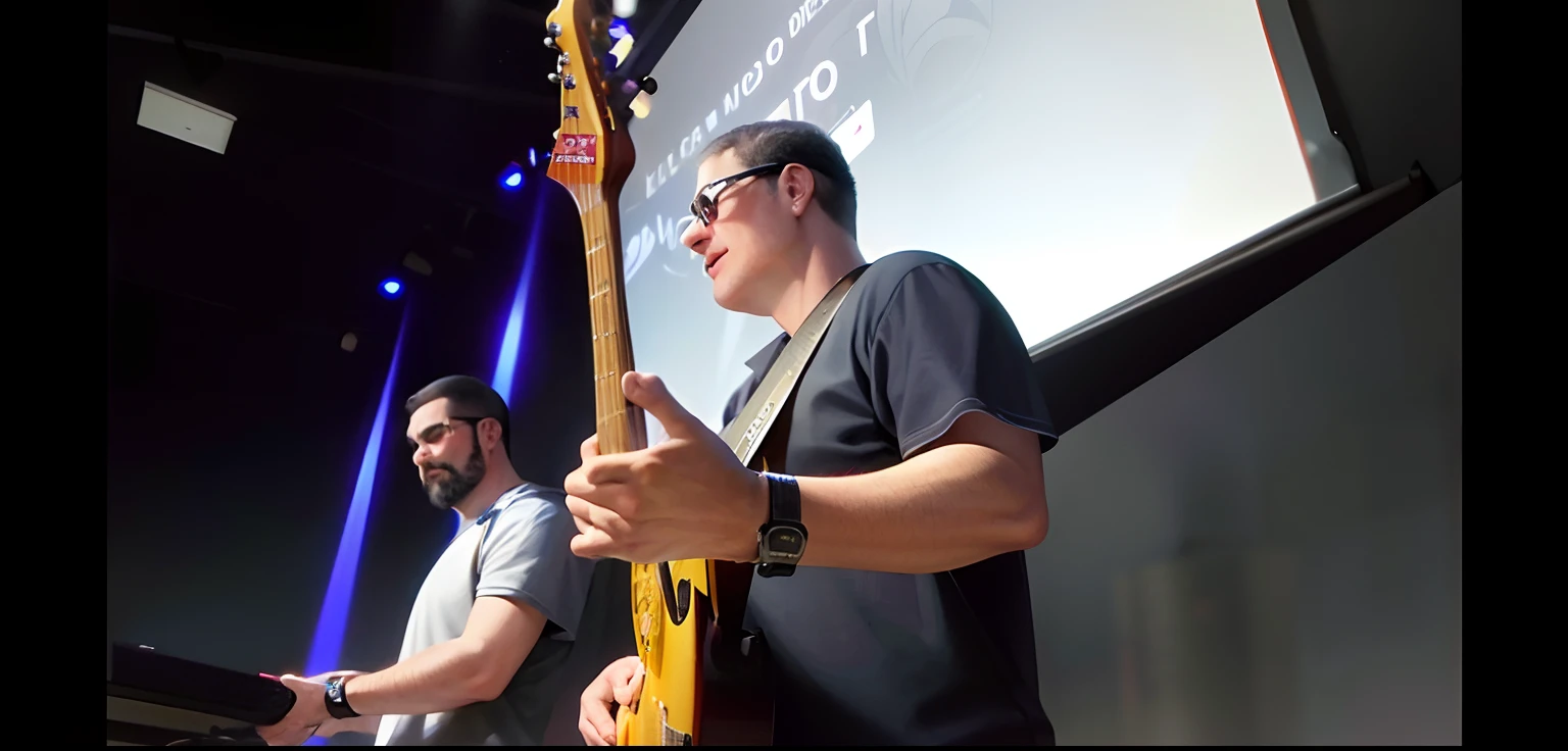 It's two men standing next to each other holding a guitar, tocando guitarra no palco, Guitarristas, rocking out, adorar, sao paulo, holding electric guitars, Banda Eloy, edu souza, Directed by: Samuel Silva, Jesus Gigachad, solo de guitarra, baixista, tocando guitarra, Directed by: Nandor Soldier, Alex Flores, tuning