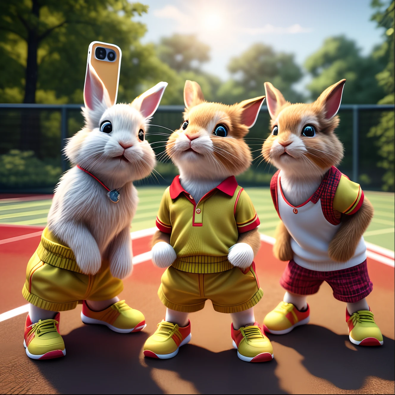 (best quality,4k,highres),ultra-detailed,realistic:1.37,HD,professional,studio lighting,sharp focus 3 cute rabbits standing on a tennis court, adorable long ears, wearing red and yellow sport shirts and shorts, red sports shoes, posing for photos, all looking at the camera, as if accidentally taking a selfie, striking a pose for the camera, capturing the moment, with a touch of photo-realism, capturing the cuteness and artistry of the scene, in a 3D format, having a charming and cartoonish style, animated