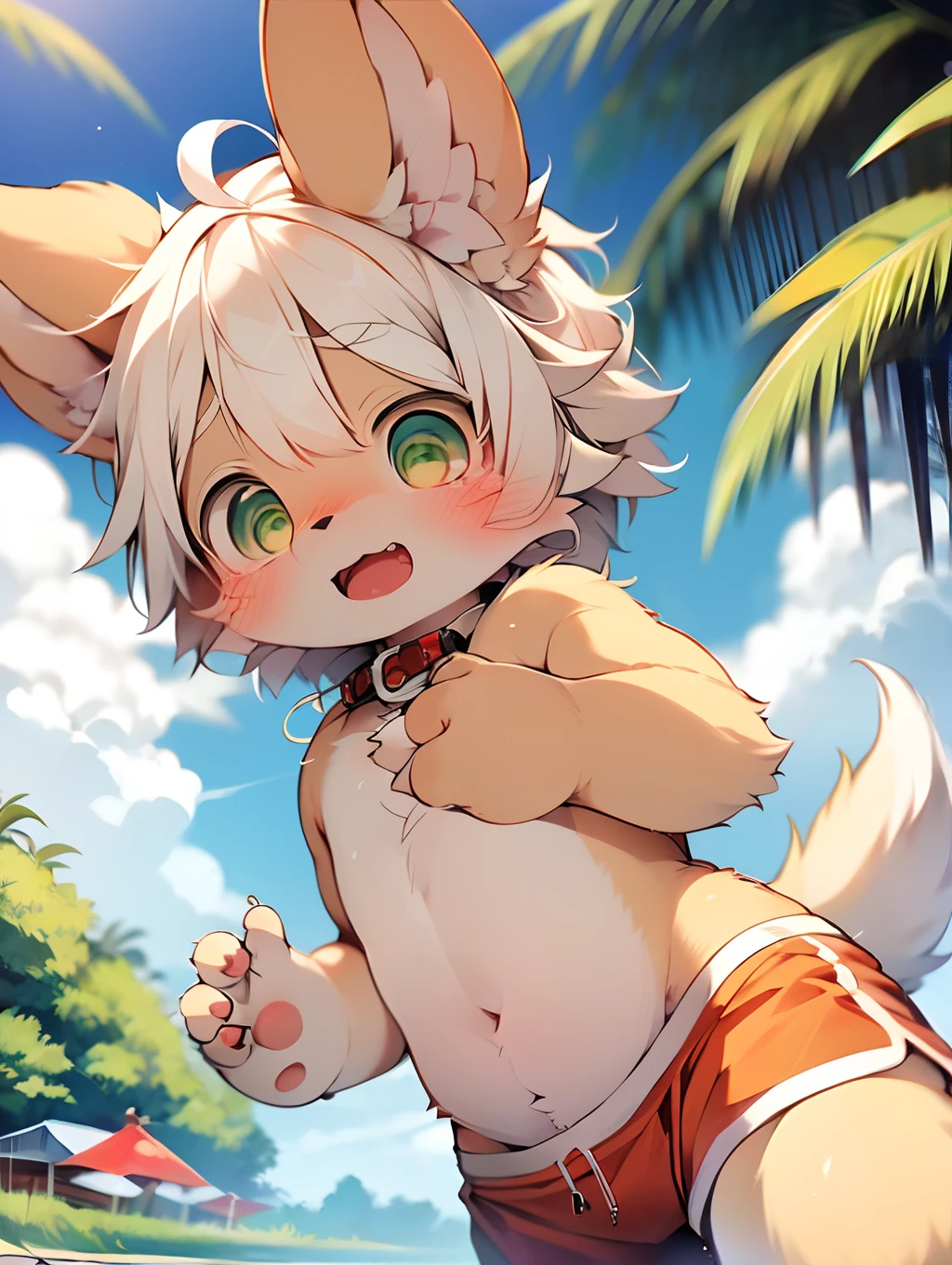 (By Dagasi: 1.1),not any dressed, masutepiece, High resolution, 8K, Detailed background, High quality,  ((White fur, White hair, Ears lowered, Green eye, Fluffy, detailed fur)) furr, Break HA, Man's, Humanoid, Shorts, swimming trunks,kawaii,Red collar,Background with:the woods