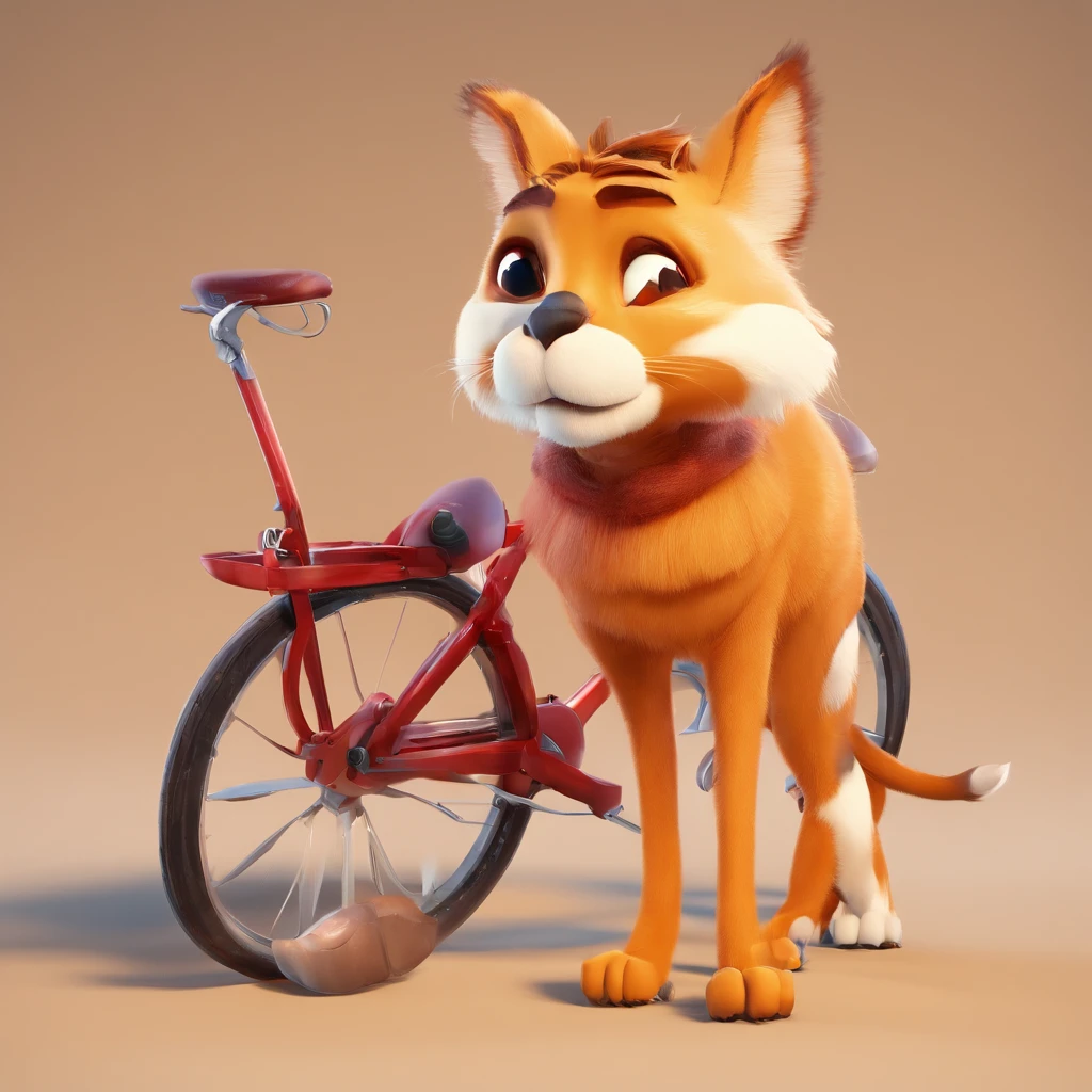 Criar personagem estilo Pixar da Disney, gatinho de 2 anos, tigrado de pelos loiros, peludo, bigodes grandes, de garras afiadas, usando coleira, Strolling in the square, olhando para passarinhos